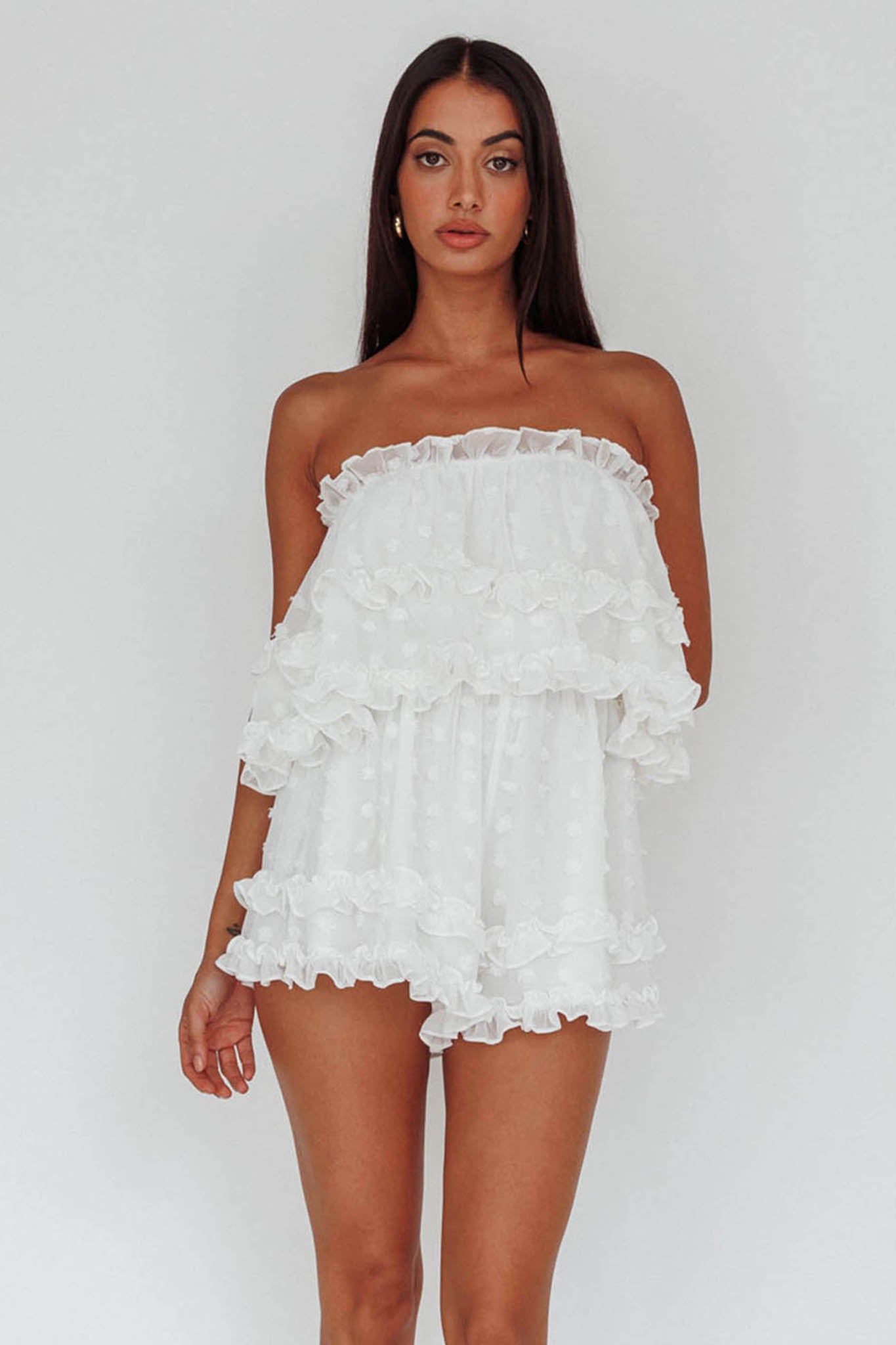 Memories Tiered Bust Frill Trim Romper White-Maymioy