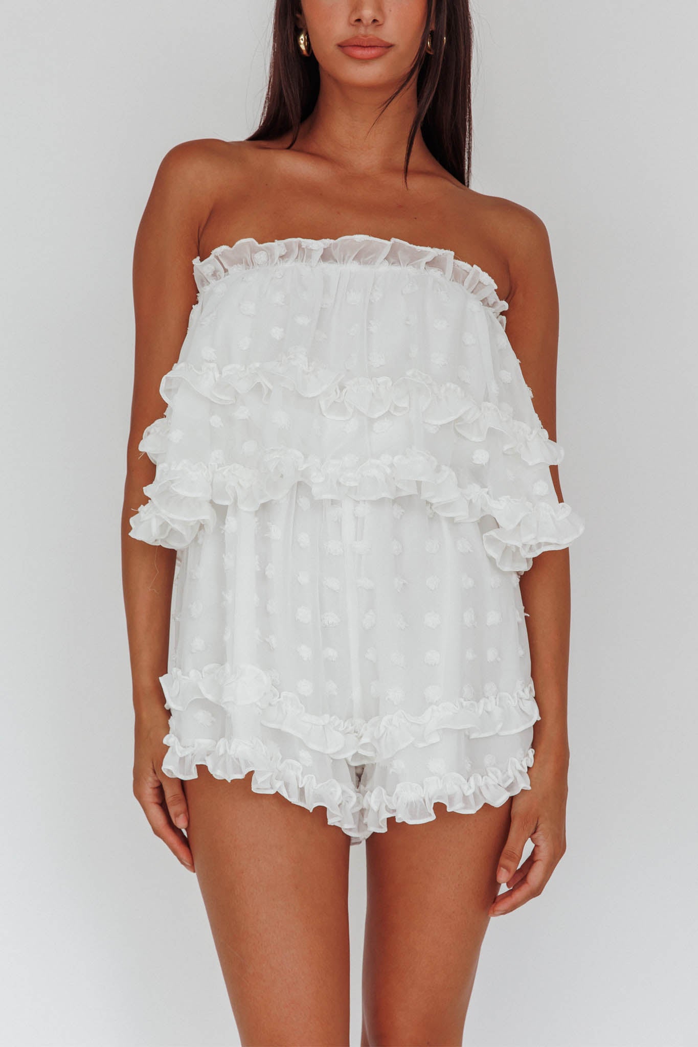 Memories Tiered Bust Frill Trim Romper White-Maymioy
