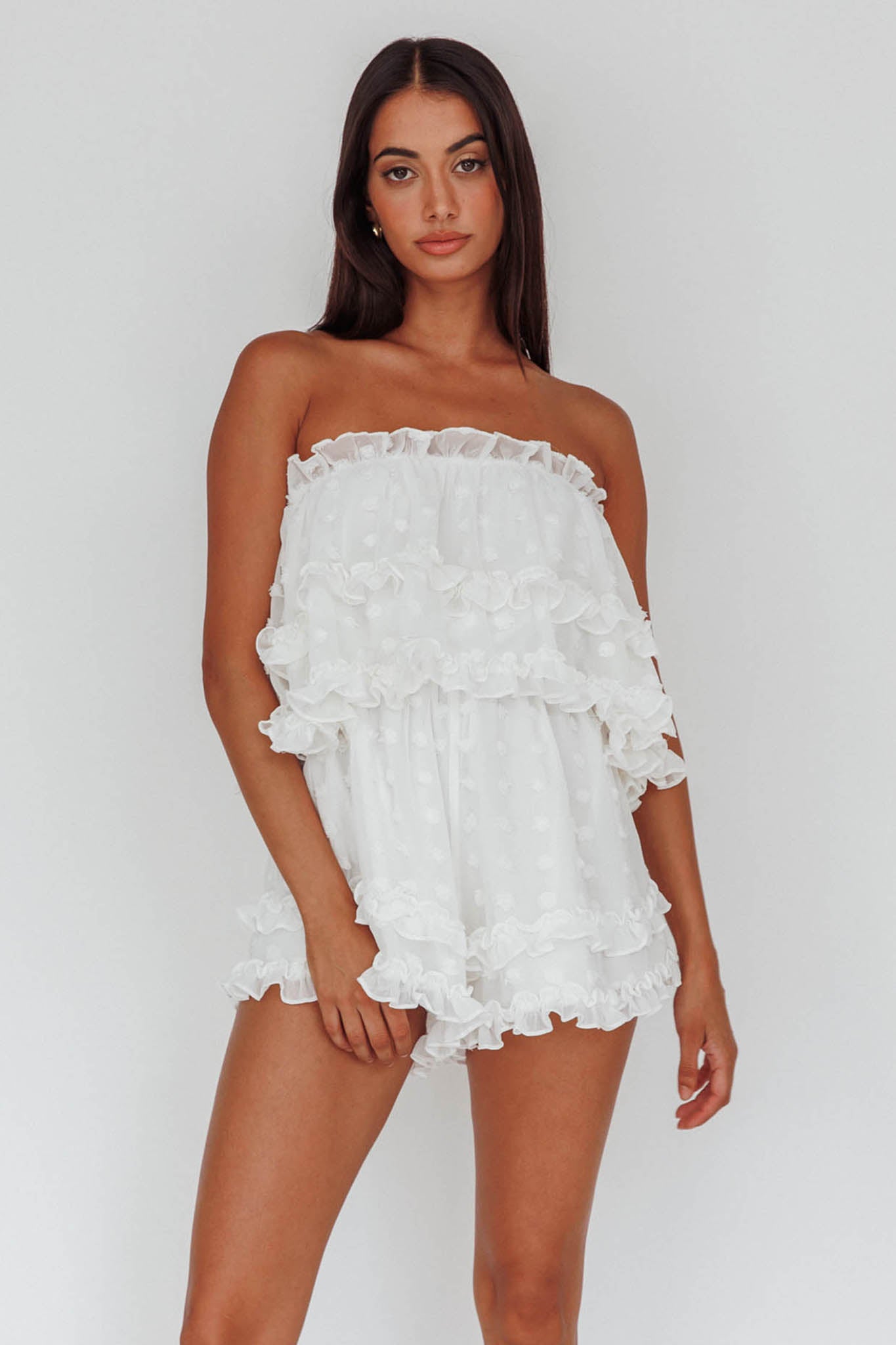 Memories Tiered Bust Frill Trim Romper White-Maymioy