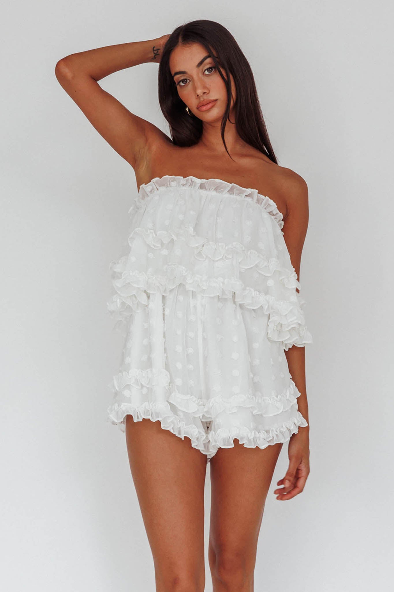 Memories Tiered Bust Frill Trim Romper White-Maymioy
