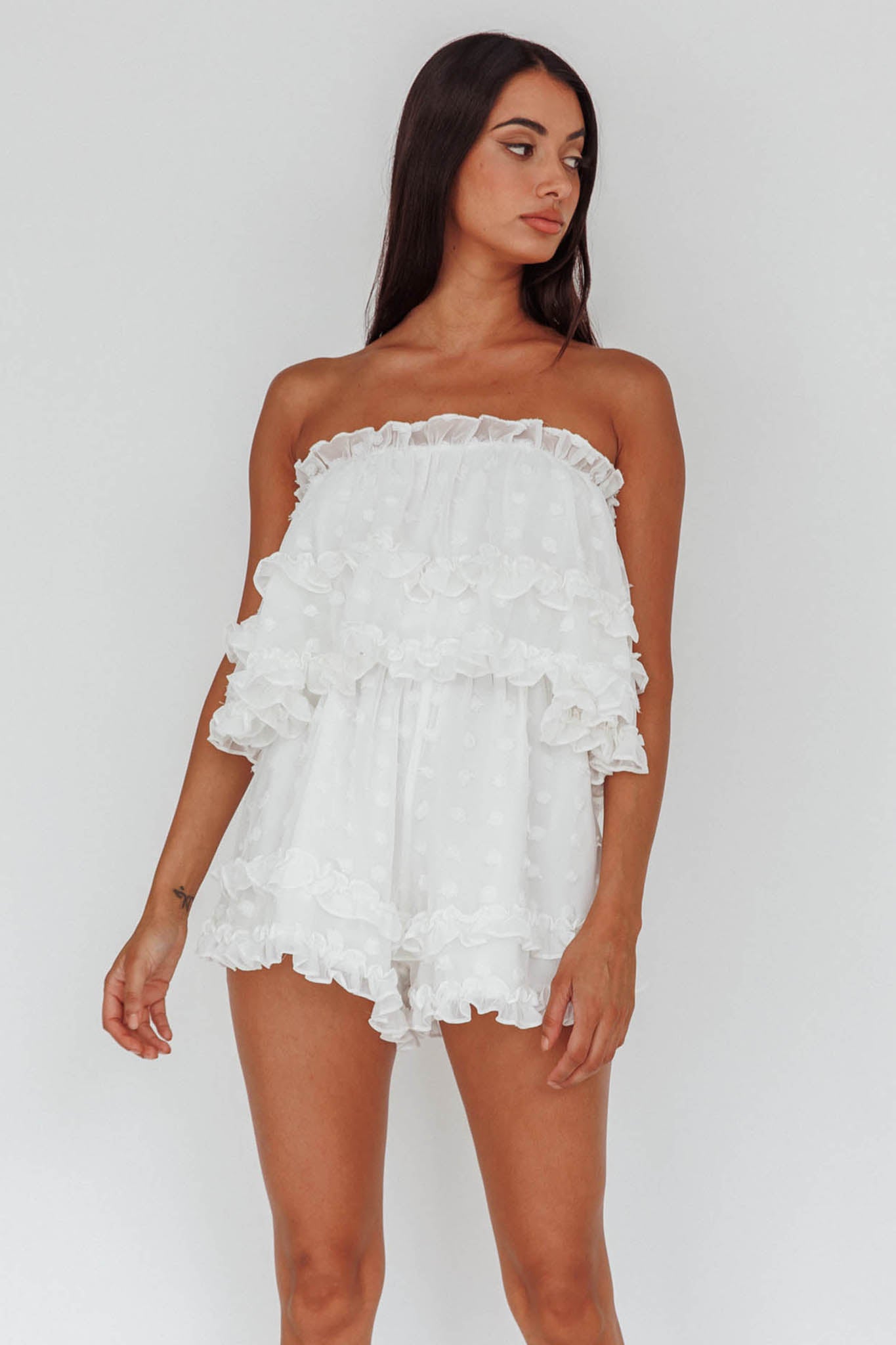 Memories Tiered Bust Frill Trim Romper White-Maymioy
