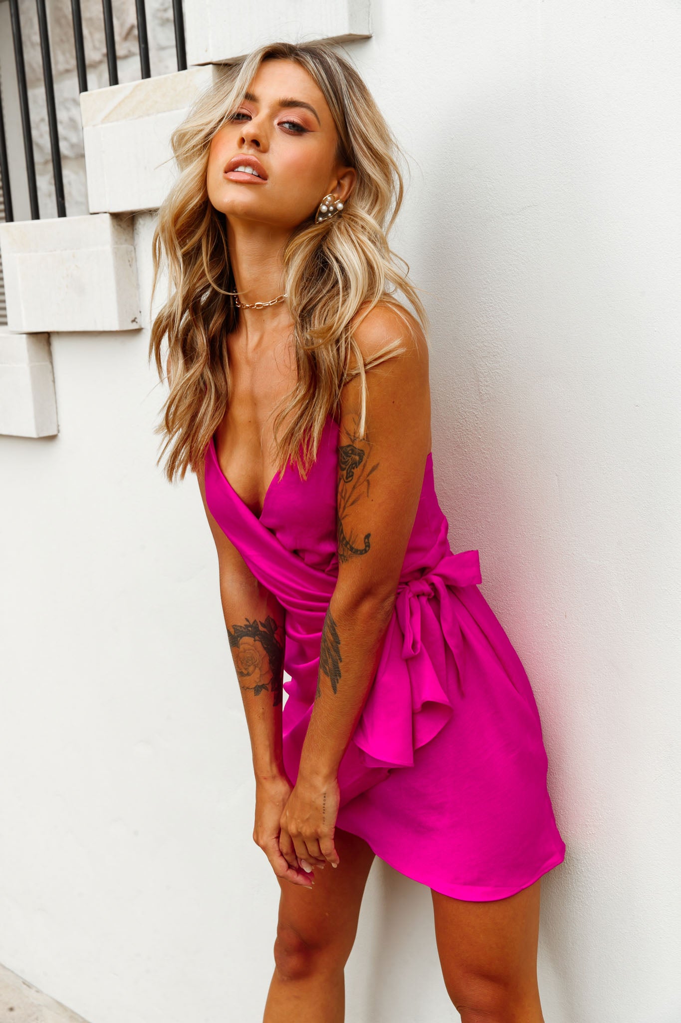 Medellin Gathered Detail Side-Tie Wrap Dress Hot Pink-Maymioy