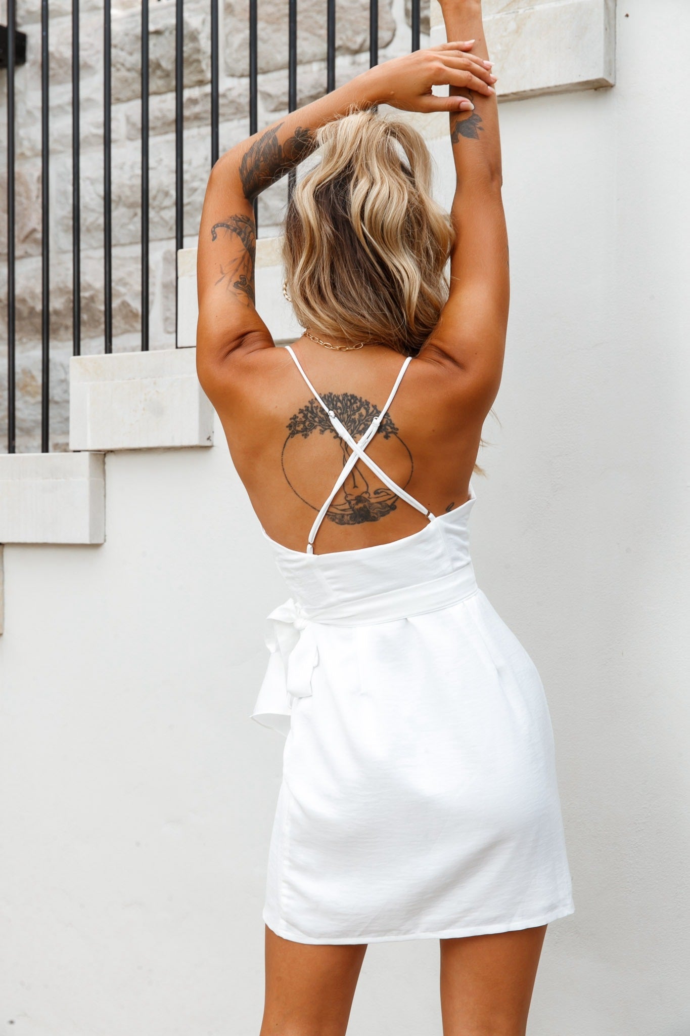 Medellin Gathered Detail Side-Tie Wrap Dress White-Maymioy