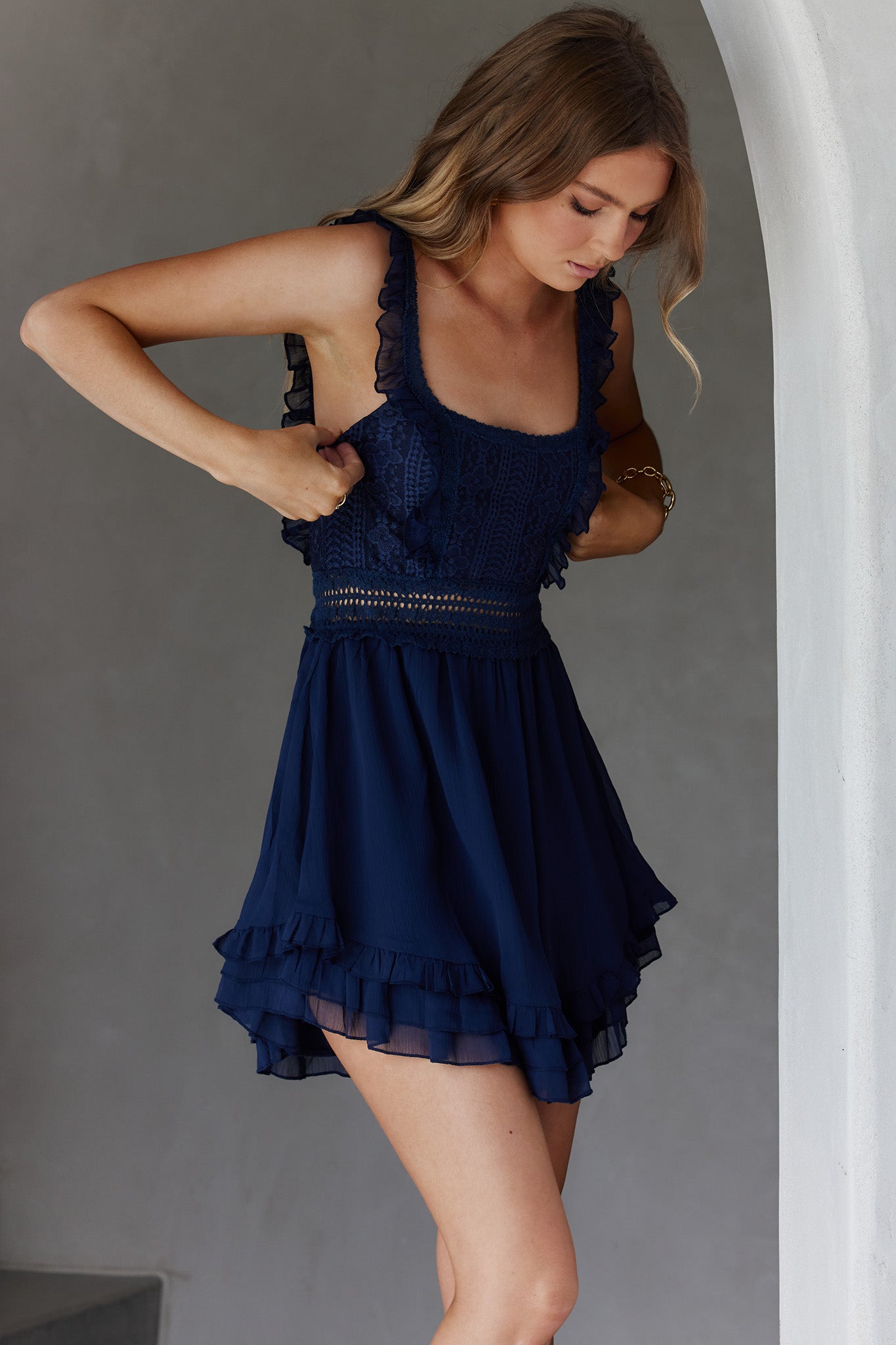 Winnie Lace Bodice Tie-Up Back Dress Navy-Maymioy