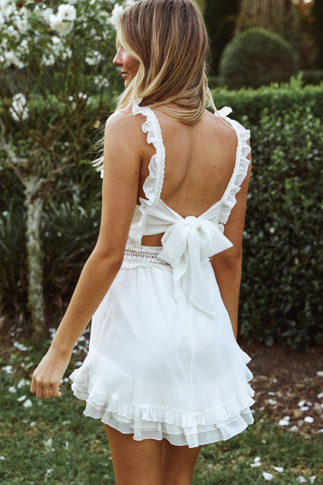 Winnie Lace Bodice Tie-Up Back Dress White-Maymioy