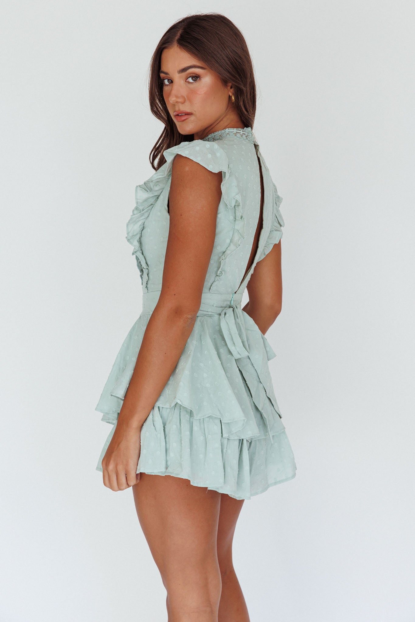 Nellie Lace Bust High Neck Romper Sage-Maymioy