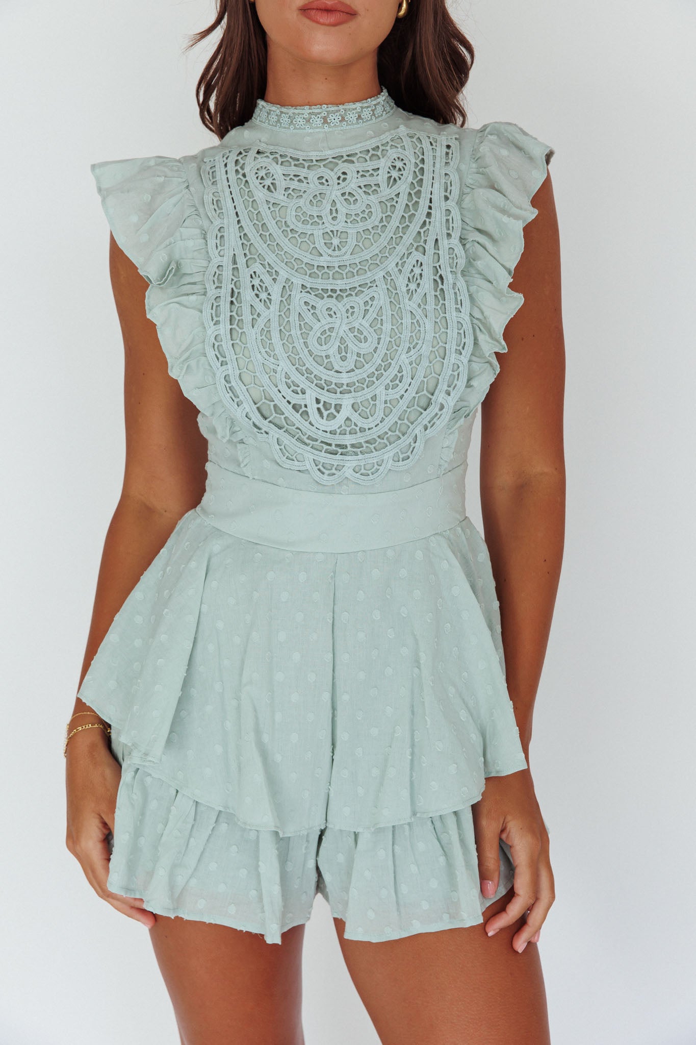 Nellie Lace Bust High Neck Romper Sage-Maymioy
