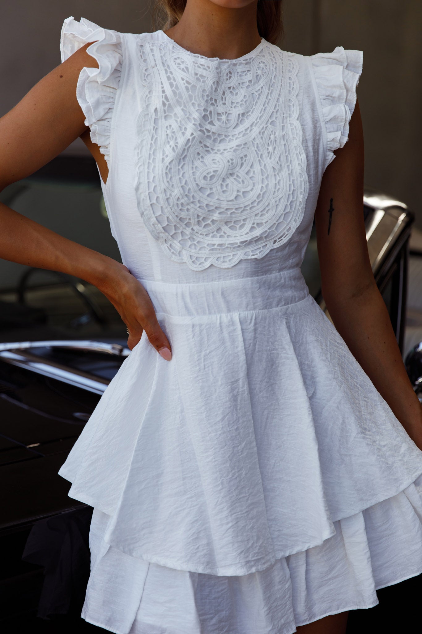 Nellie Lace Bust High Neck Dress White-Maymioy