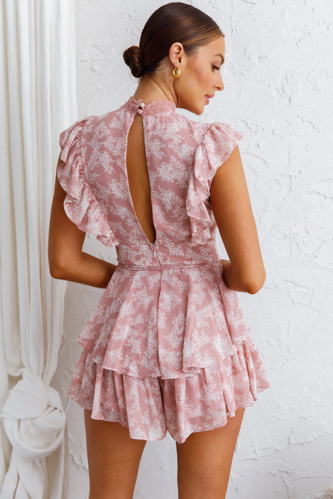 Nellie Lace Bust High Neck Romper Floral Blush-Maymioy