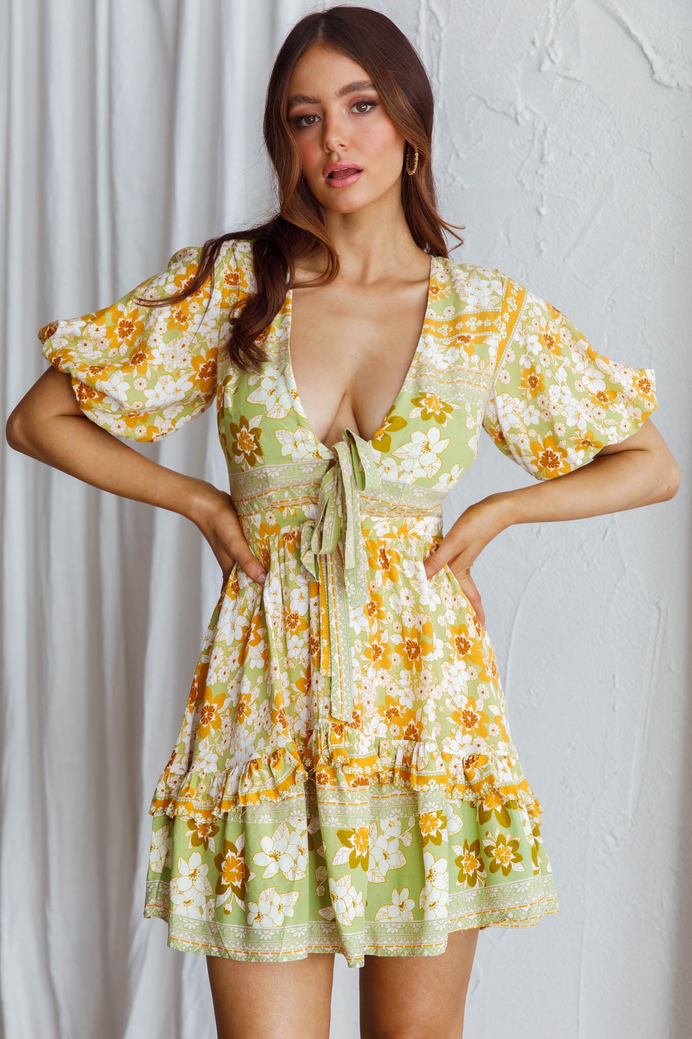 Rosy Tied Bust Mini Dress Floral Apple/Yellow-Maymioy