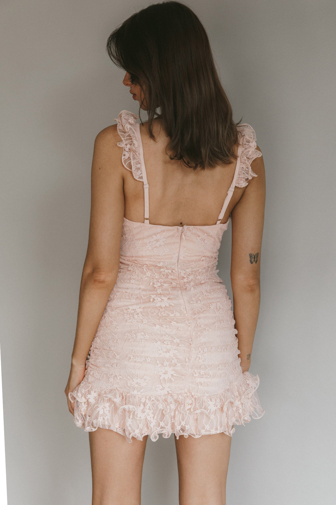 Kaley Ruched Side Layered Frill Hem Lace Mini Dress Blush-Maymioy