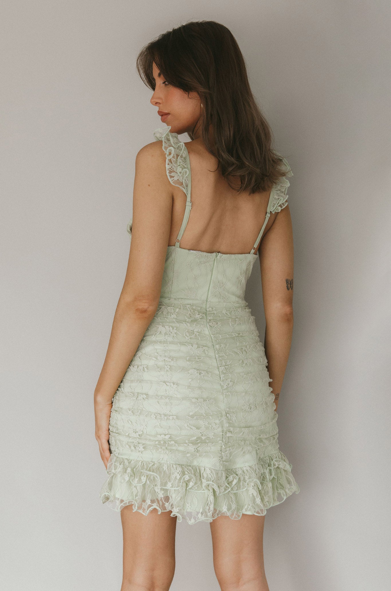 Kaley Ruched Side Layered Frill Hem Lace Mini Dress Sage-Maymioy