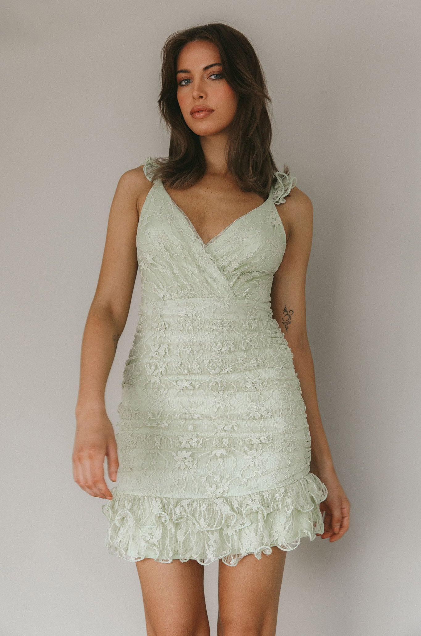 Kaley Ruched Side Layered Frill Hem Lace Mini Dress Sage-Maymioy