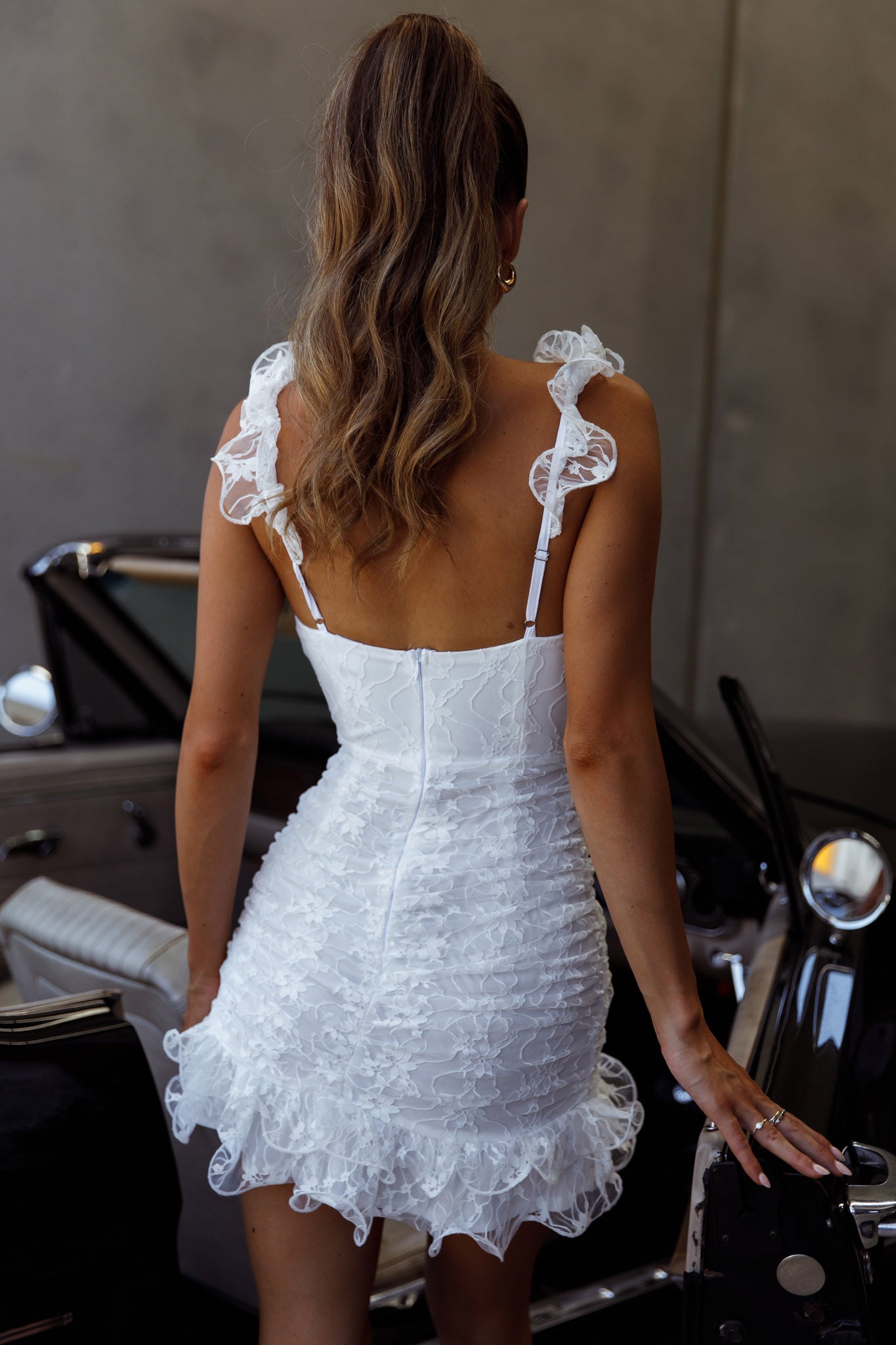 Kaley Ruched Side Layered Frill Hem Lace Mini Dress White-Maymioy