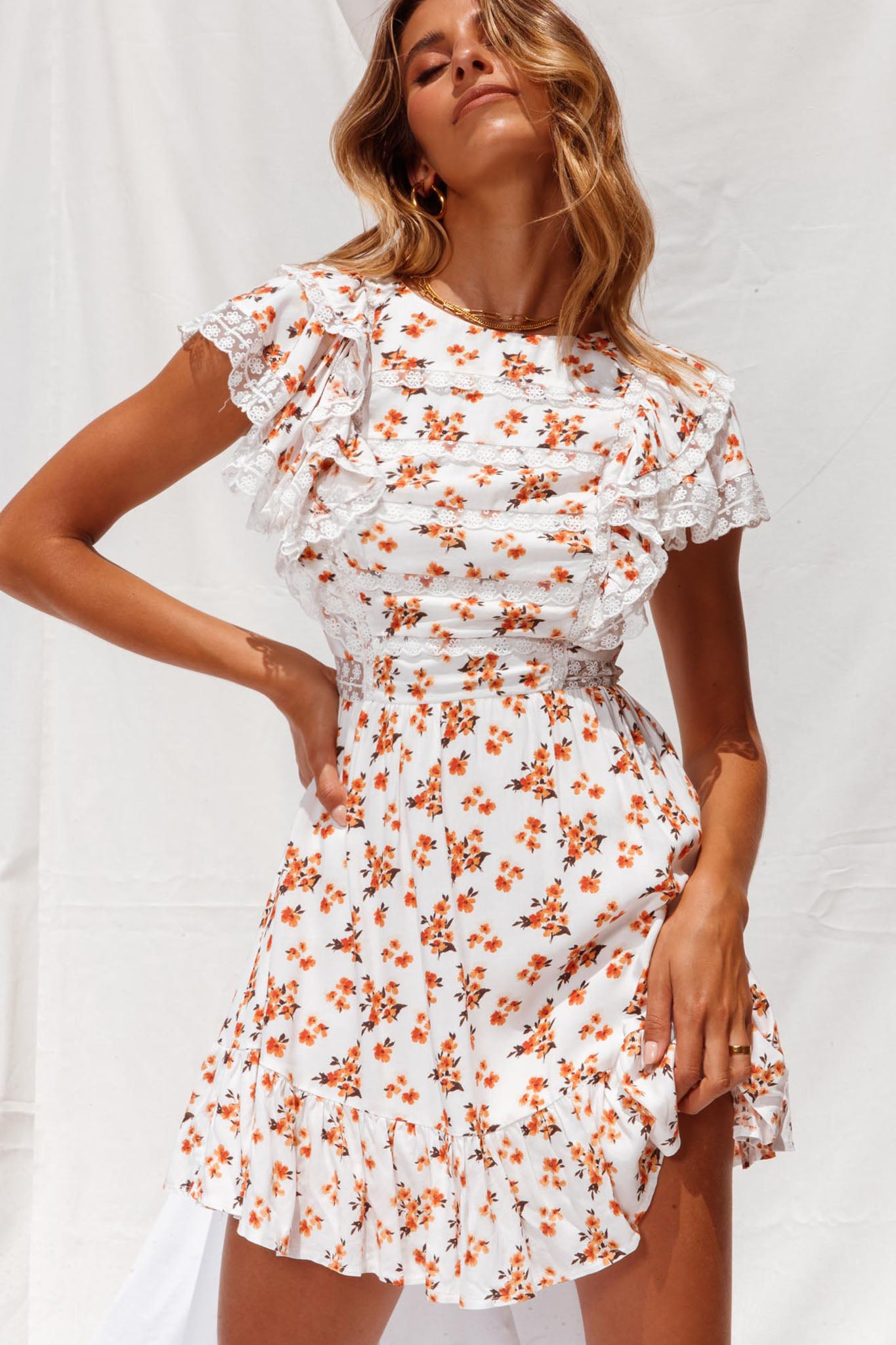 Hello Sunshine Lace Trim Ruffle Shoulder Dress Floral Print White/Orange-Maymioy