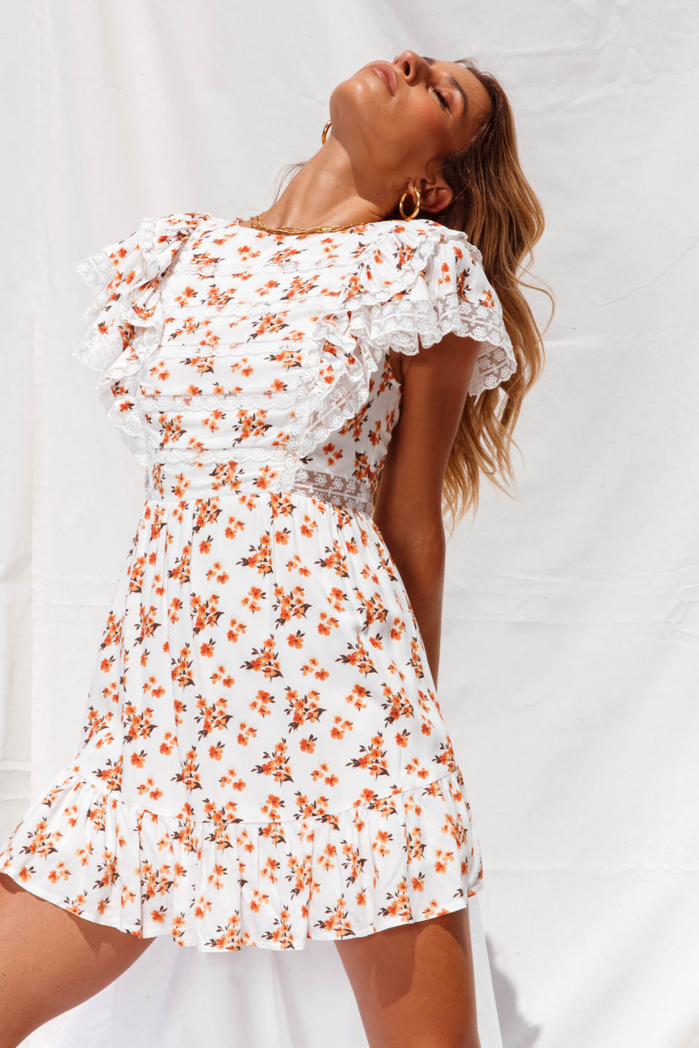 Hello Sunshine Lace Trim Ruffle Shoulder Dress Floral Print White/Orange-Maymioy