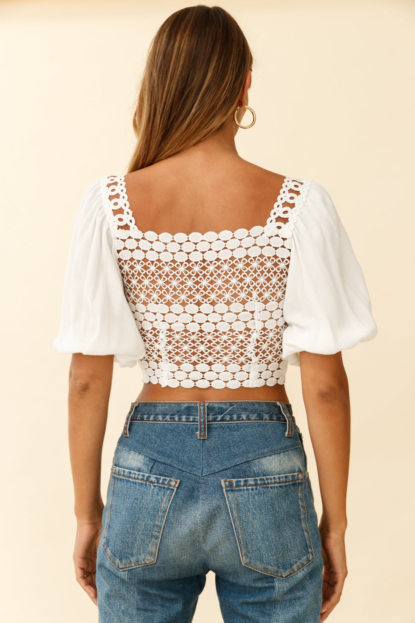 Golden Hour Lace-Up Front Crochet Crop Top White-Maymioy