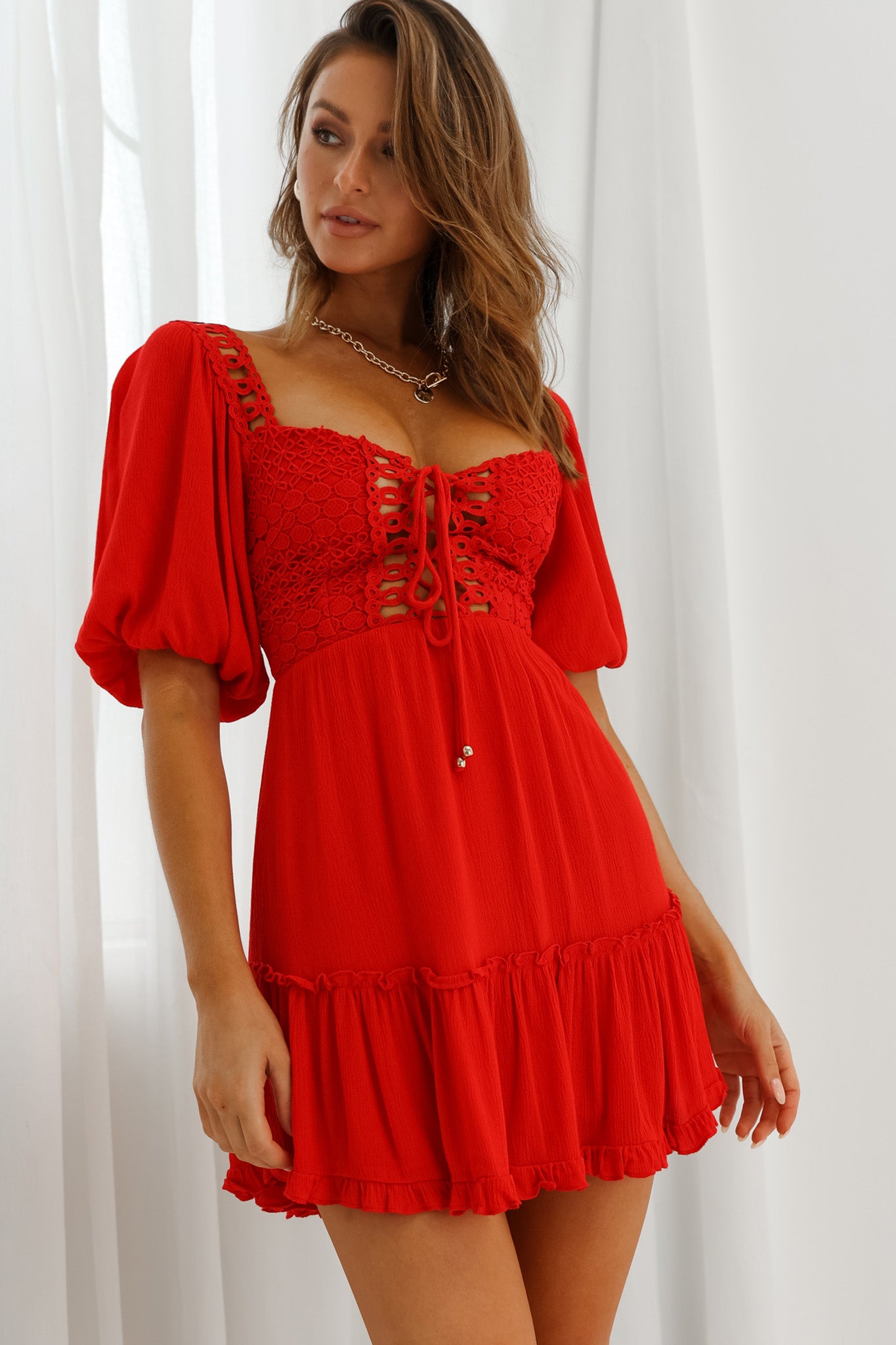 Golden Hour Lace-Up Front Crochet Dress Red-Maymioy