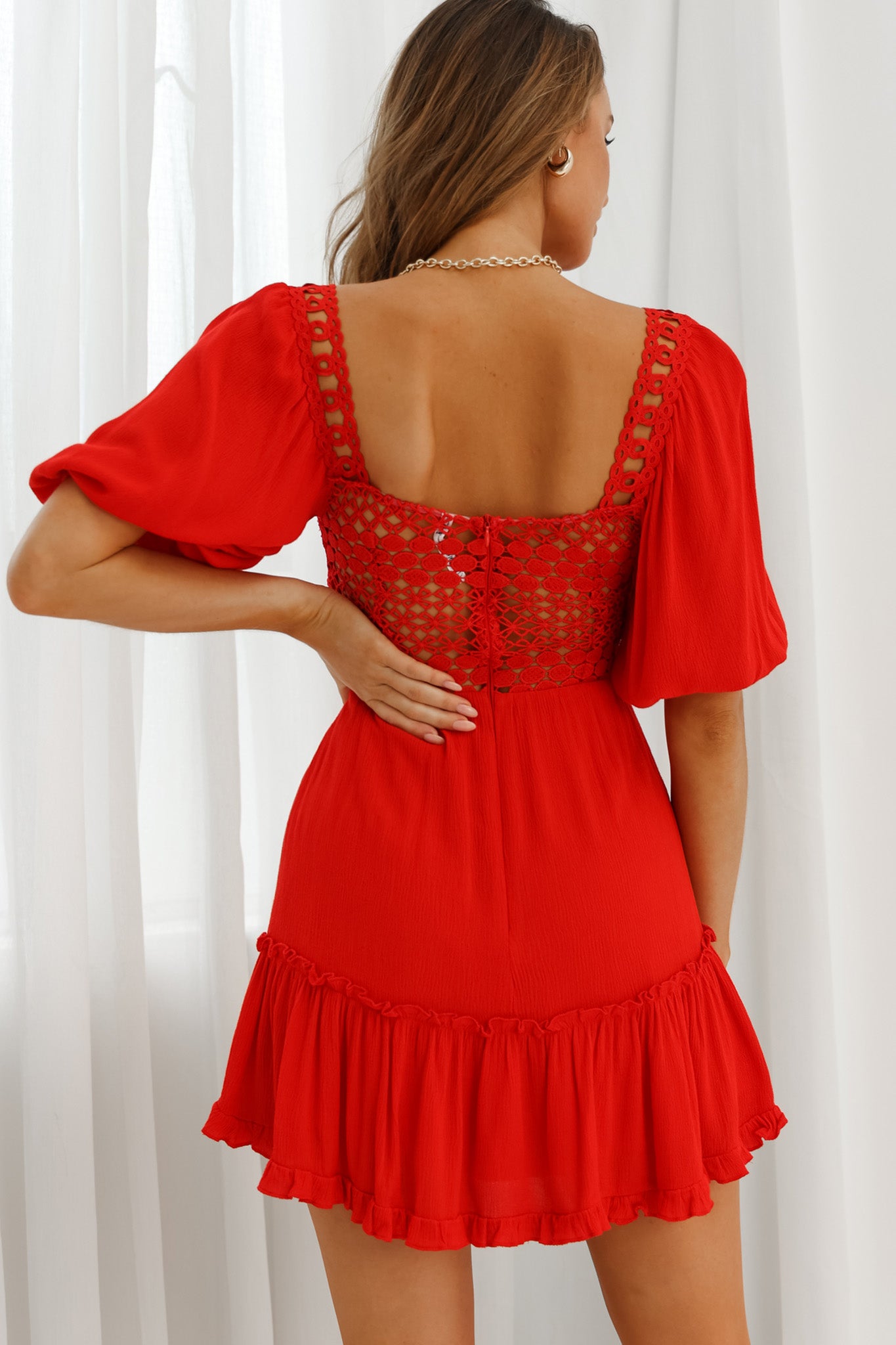 Golden Hour Lace-Up Front Crochet Dress Red-Maymioy