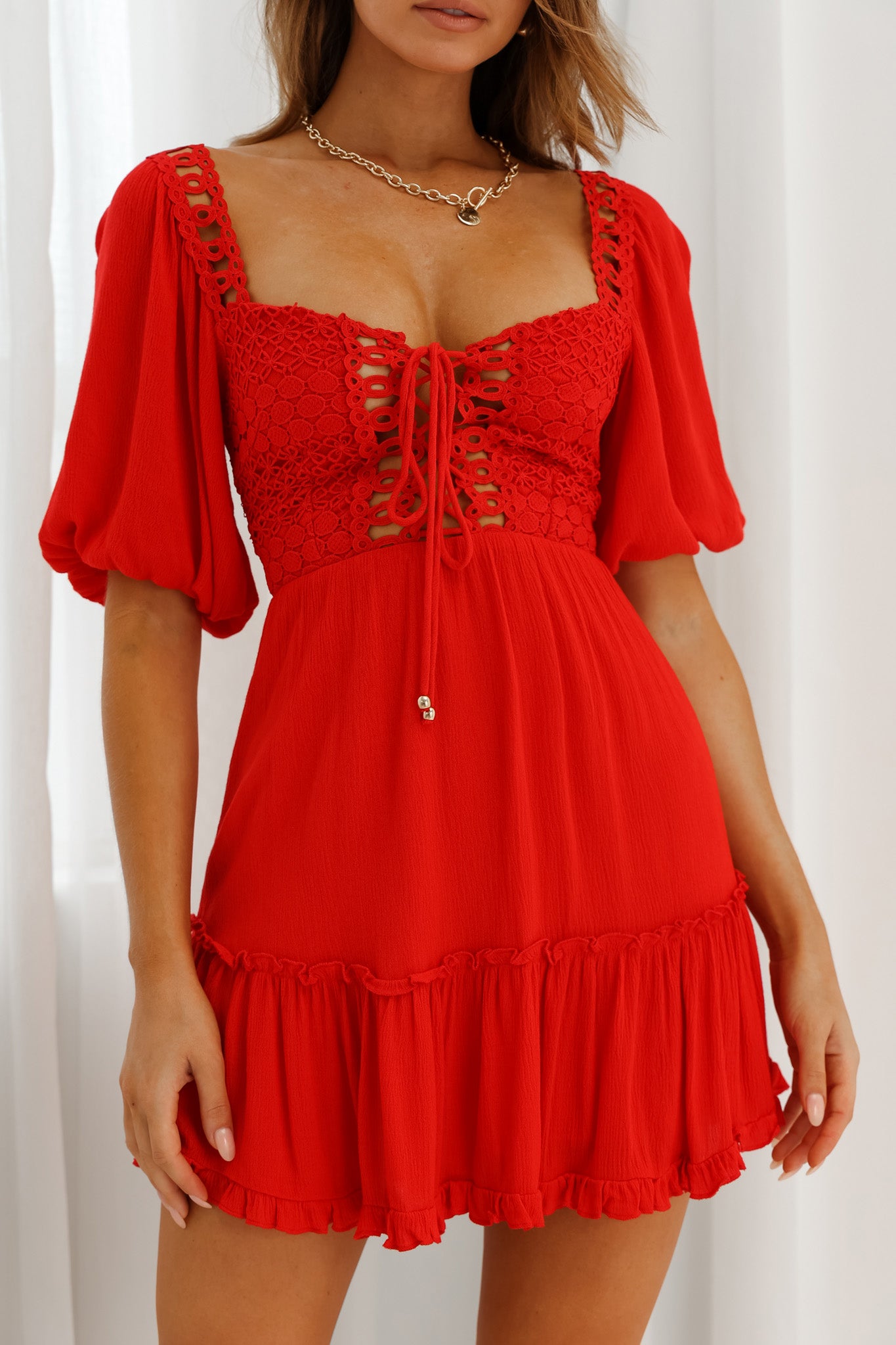 Golden Hour Lace-Up Front Crochet Dress Red-Maymioy