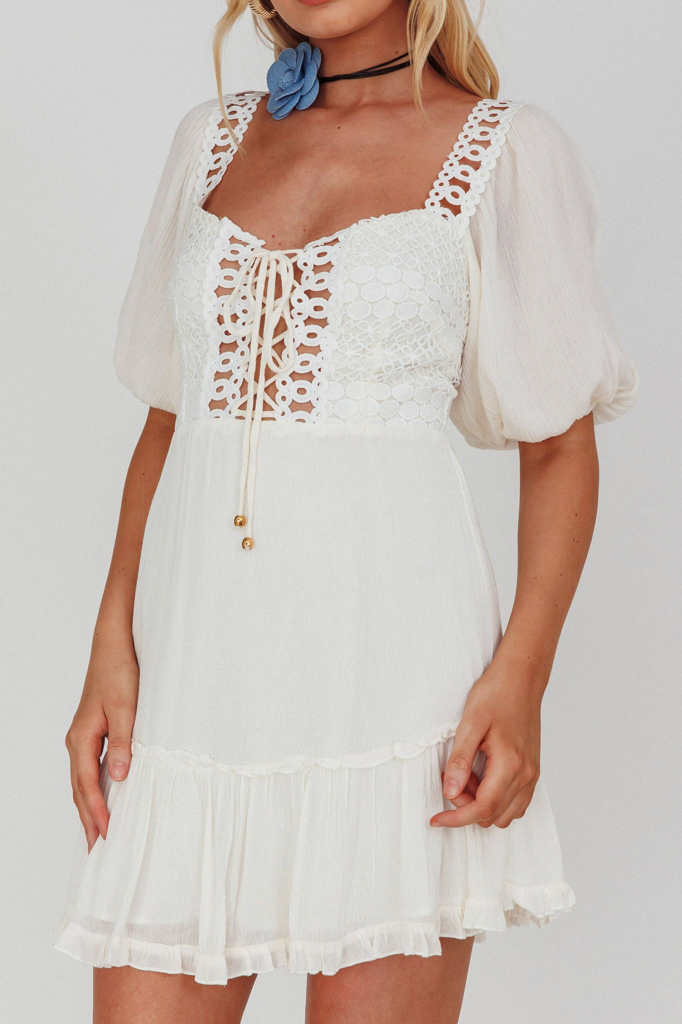 Golden Hour Lace-Up Front Crochet Dress White-Maymioy