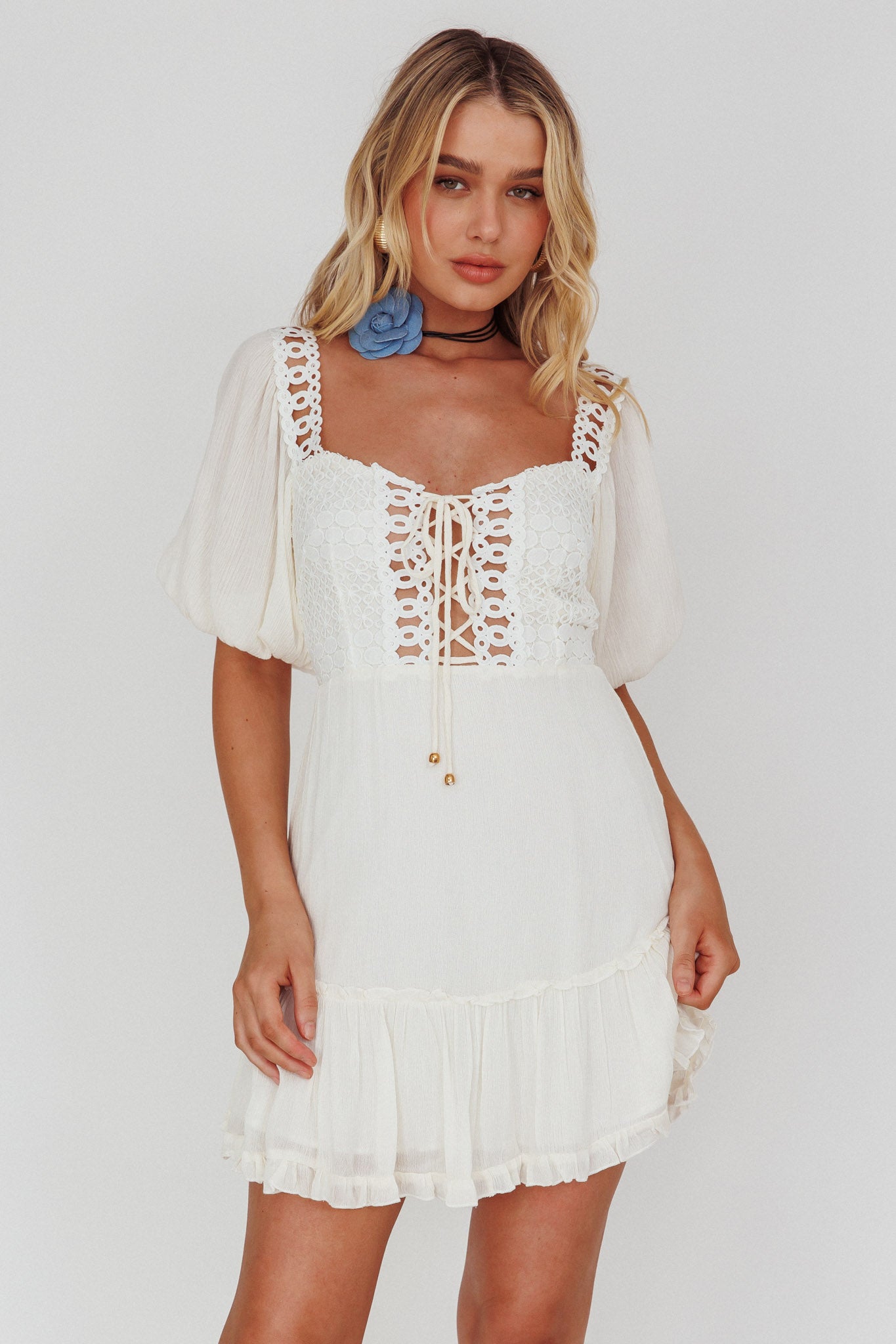 Golden Hour Lace-Up Front Crochet Dress White-Maymioy