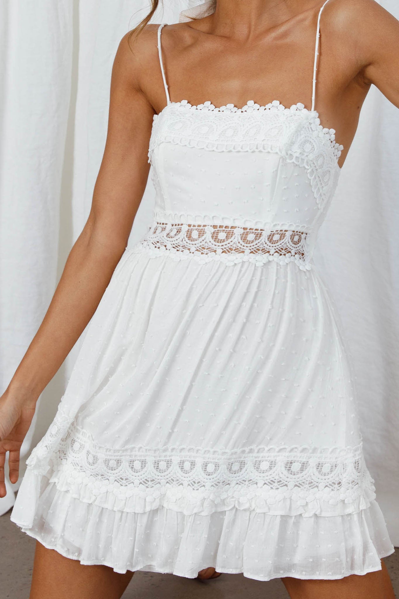 Desert Nights Crochet Lace Trim Tied Back Sun Dress White-Maymioy