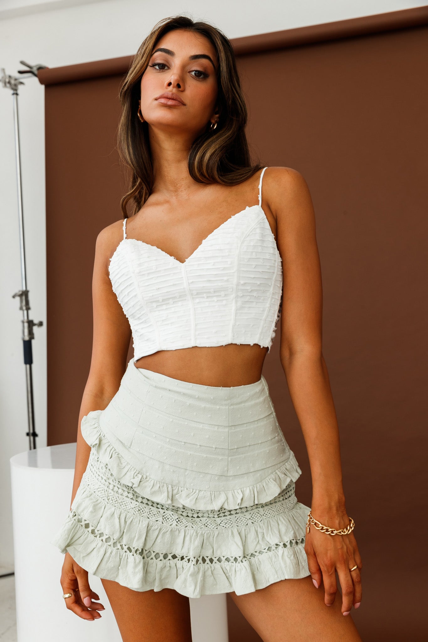 Perfect Timing Pleated Waist Frill Trim Mini Skirt Sage-Maymioy