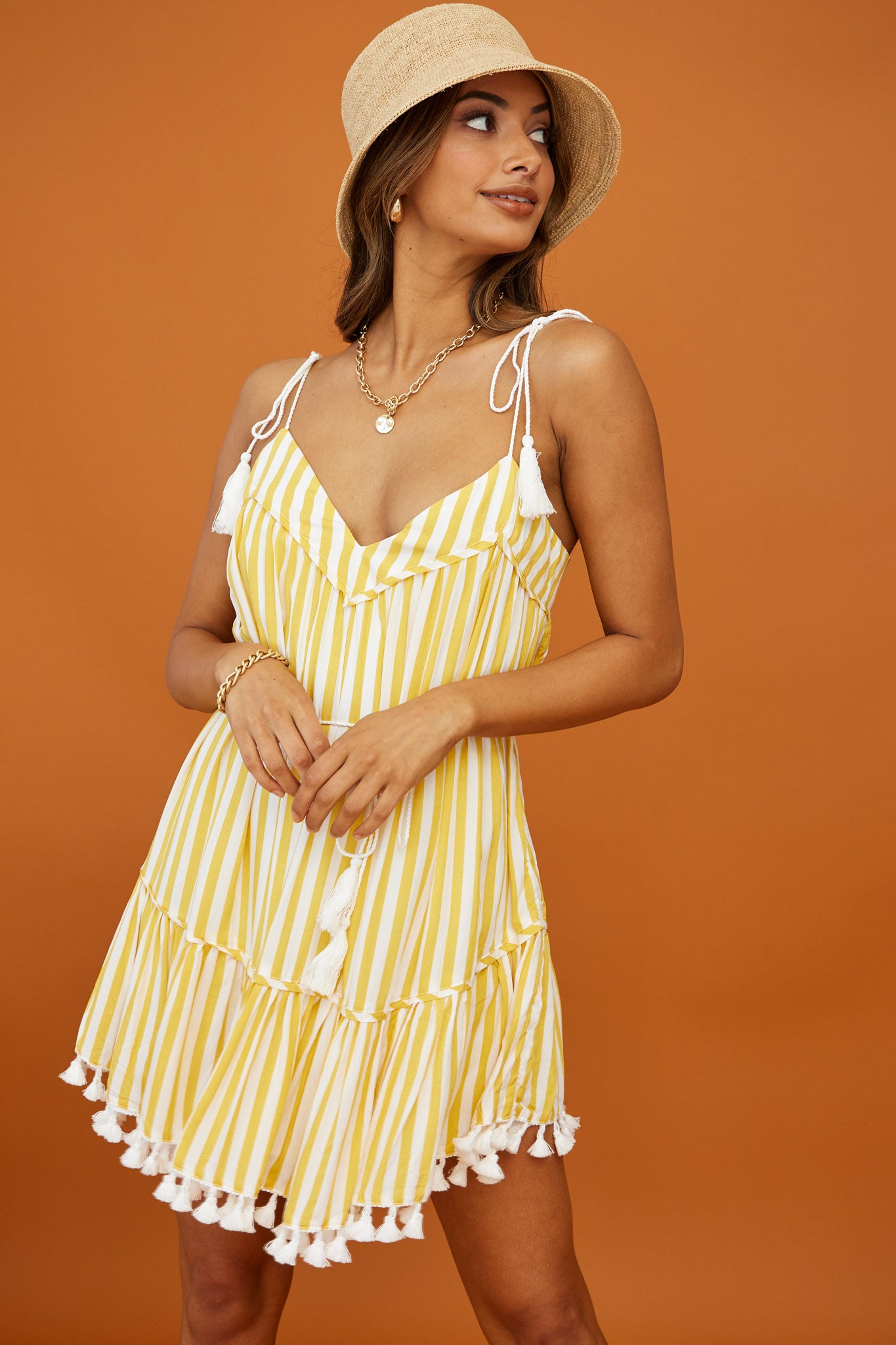 Orlando Tassel Trim Tied Shoulder Swing Dress Yellow Stripe-Maymioy