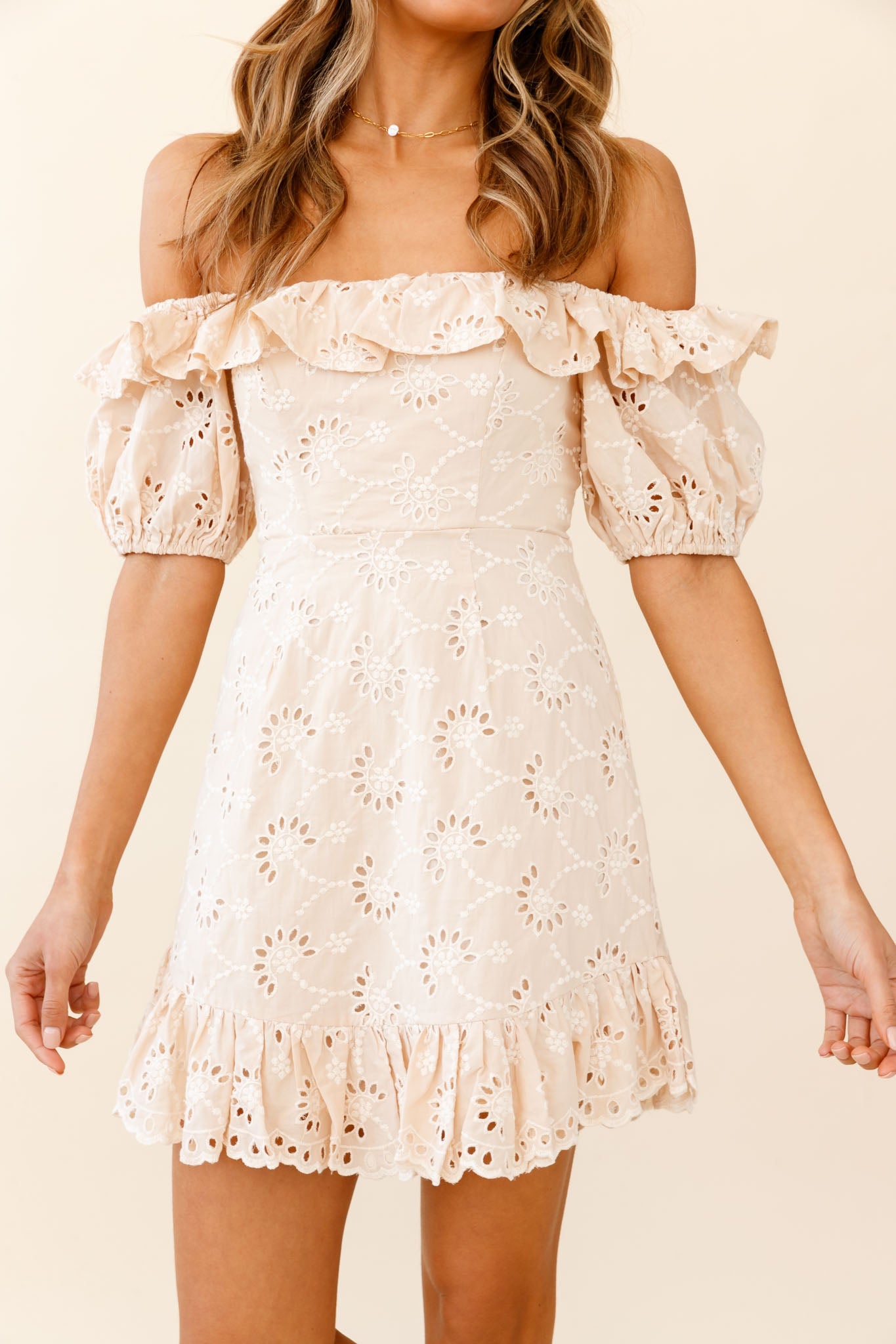 Up Front Puff Sleeve String-Tie Halterneck Embroidery Dress Beige-Maymioy