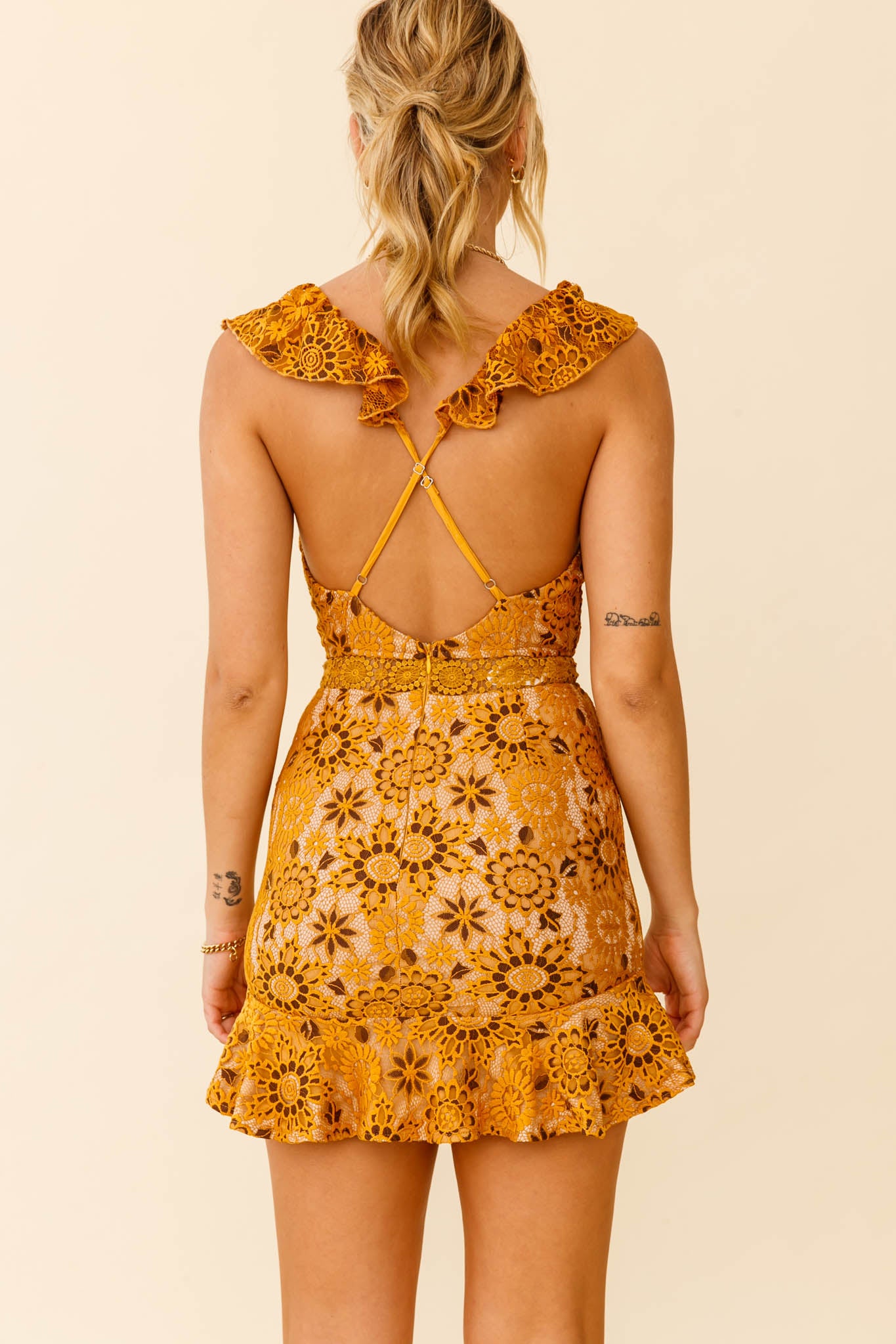 Short Story Ruffle Strap Criss-Cross Back Dress Floral Lace Mustard-Maymioy
