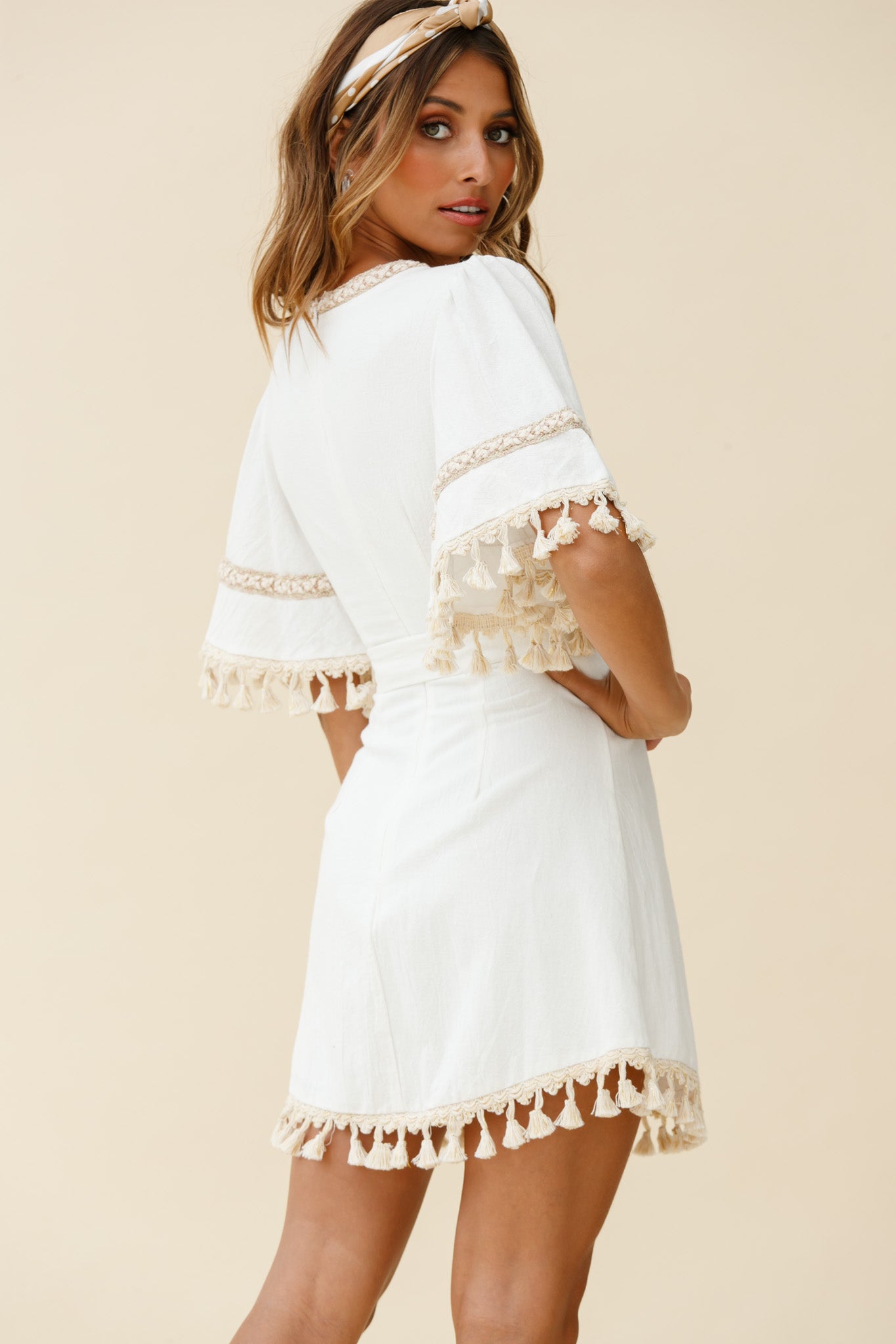 Morocco Faux Wrap Tassel Trim Dress White-Maymioy
