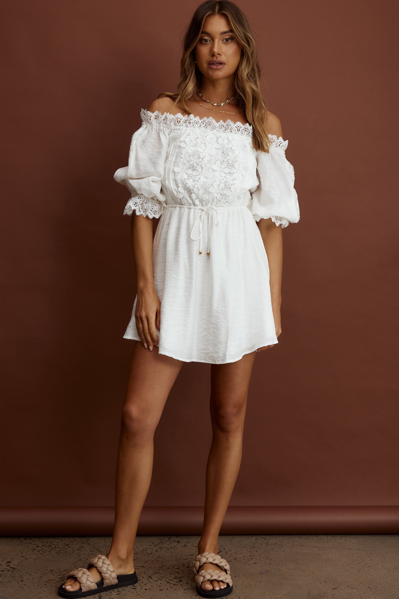 Homeward Off-Shoulder Lace Dress White-Maymioy