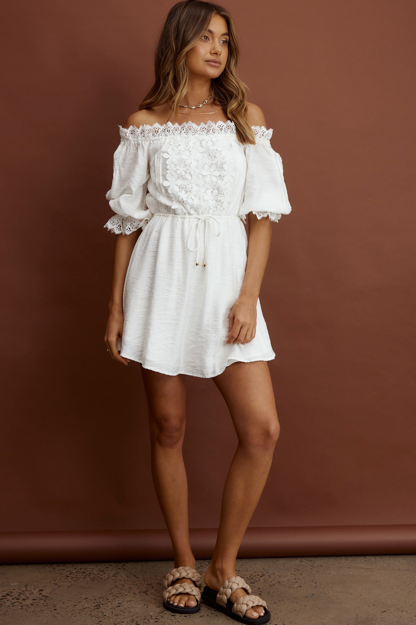 Homeward Off-Shoulder Lace Dress White-Maymioy