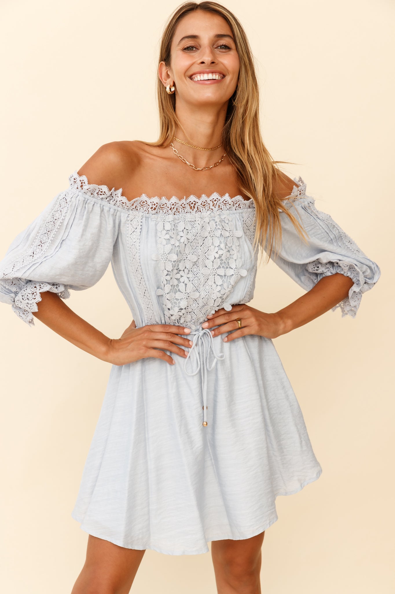 Homeward Off-Shoulder Lace Dress Steel Blue-Maymioy