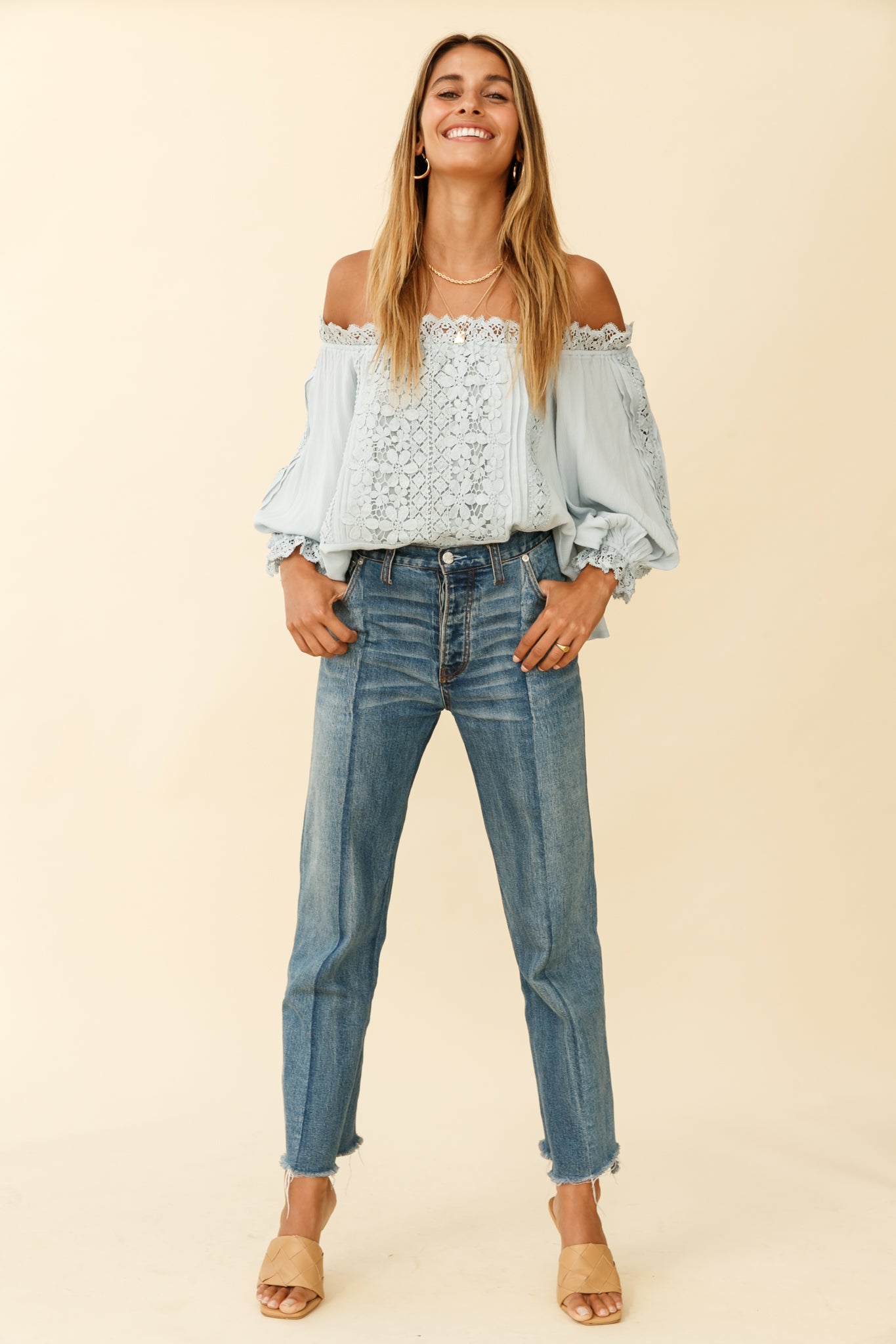 Homeward Off-Shoulder Lace Top Steel Blue-Maymioy