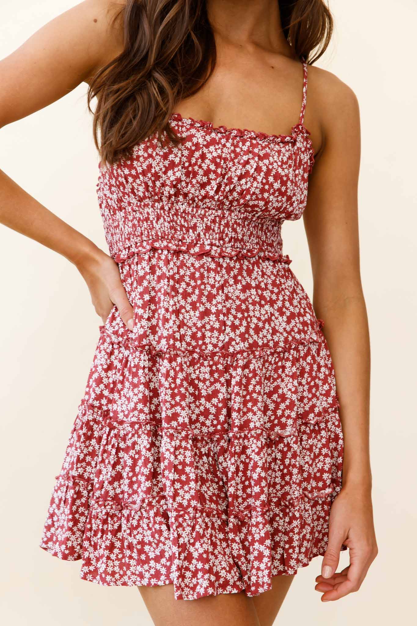Sunshine Lovers Criss-Cross Back Frill Trim Dress Floral Print Rust-Maymioy