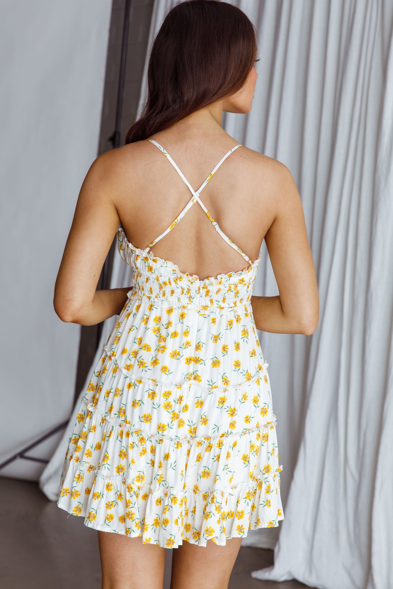 Sunshine Lovers Criss-Cross Back Frill Trim Dress Floral Print White-Maymioy