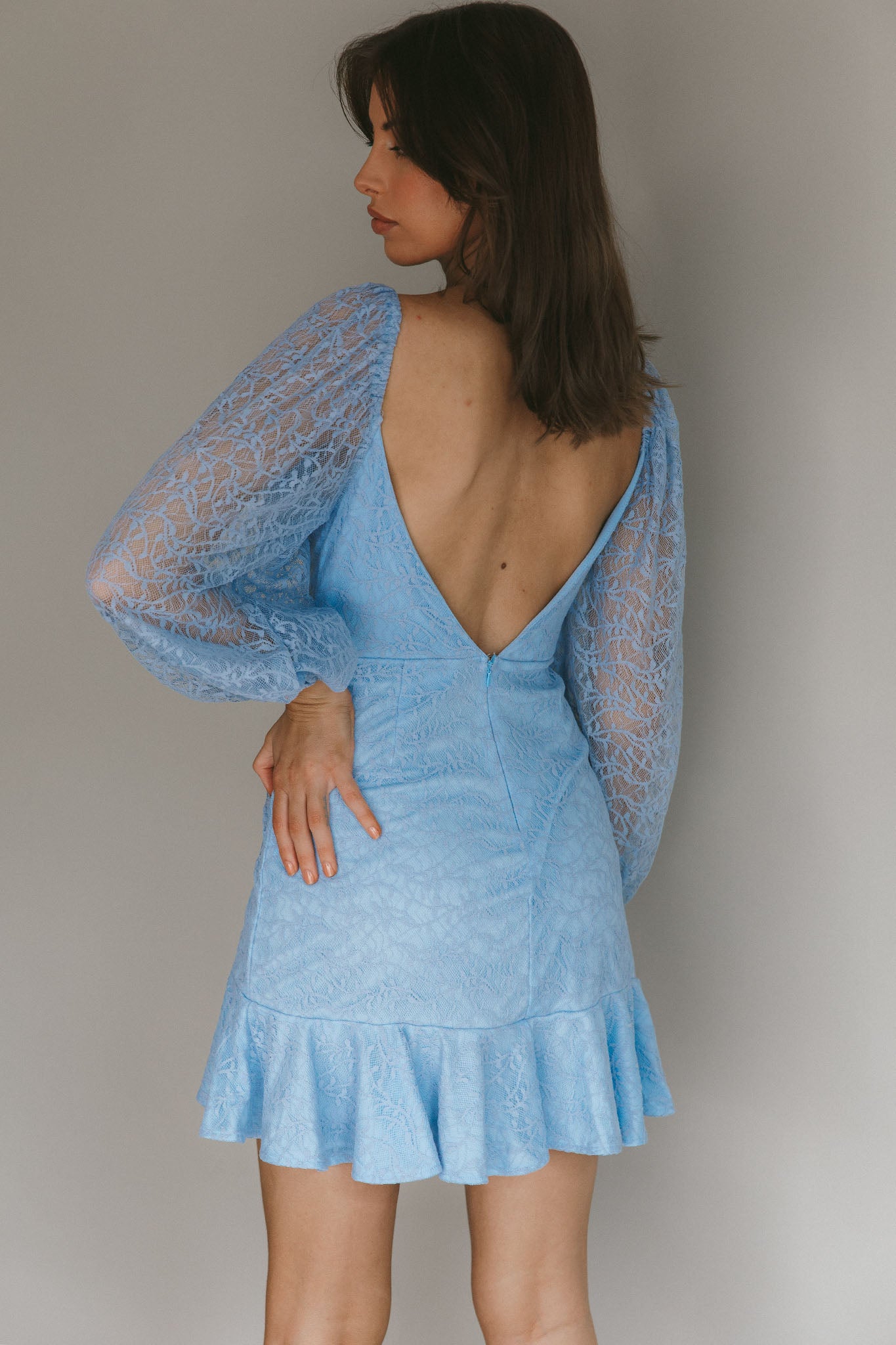 Halley Balloon Sleeve Frill Bust Flounce Hem Lace Dress Baby Blue-Maymioy