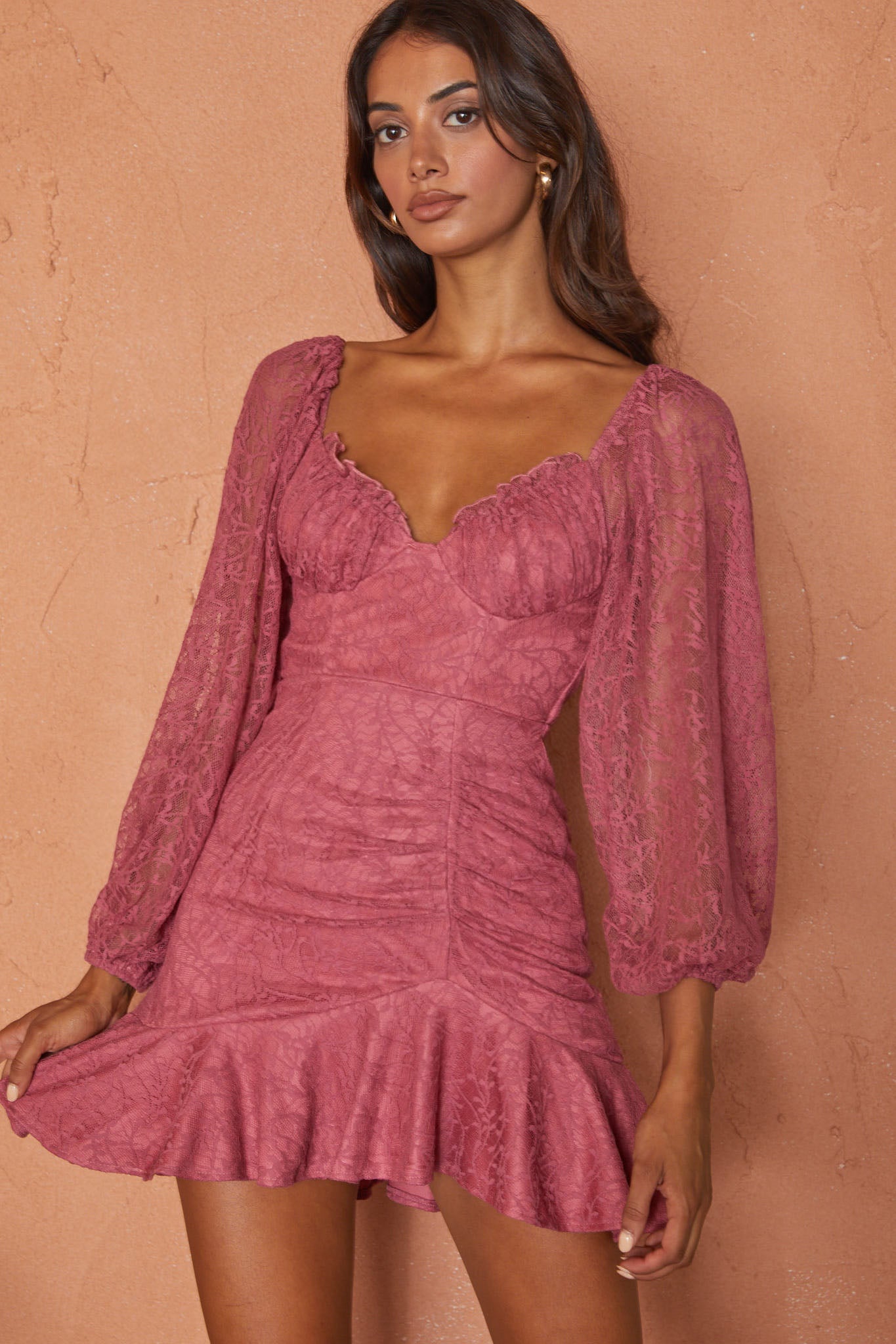 Halley Balloon Sleeve Frill Bust Flounce Hem Lace Dress Rose-Maymioy
