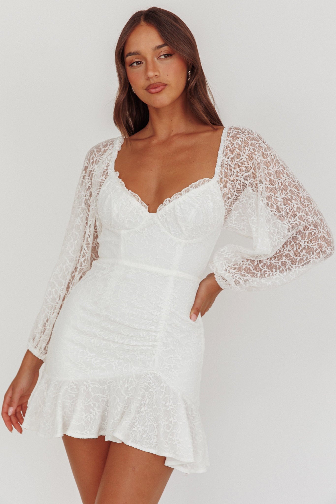 Halley Balloon Sleeve Frill Bust Flounce Hem Lace Dress White-Maymioy