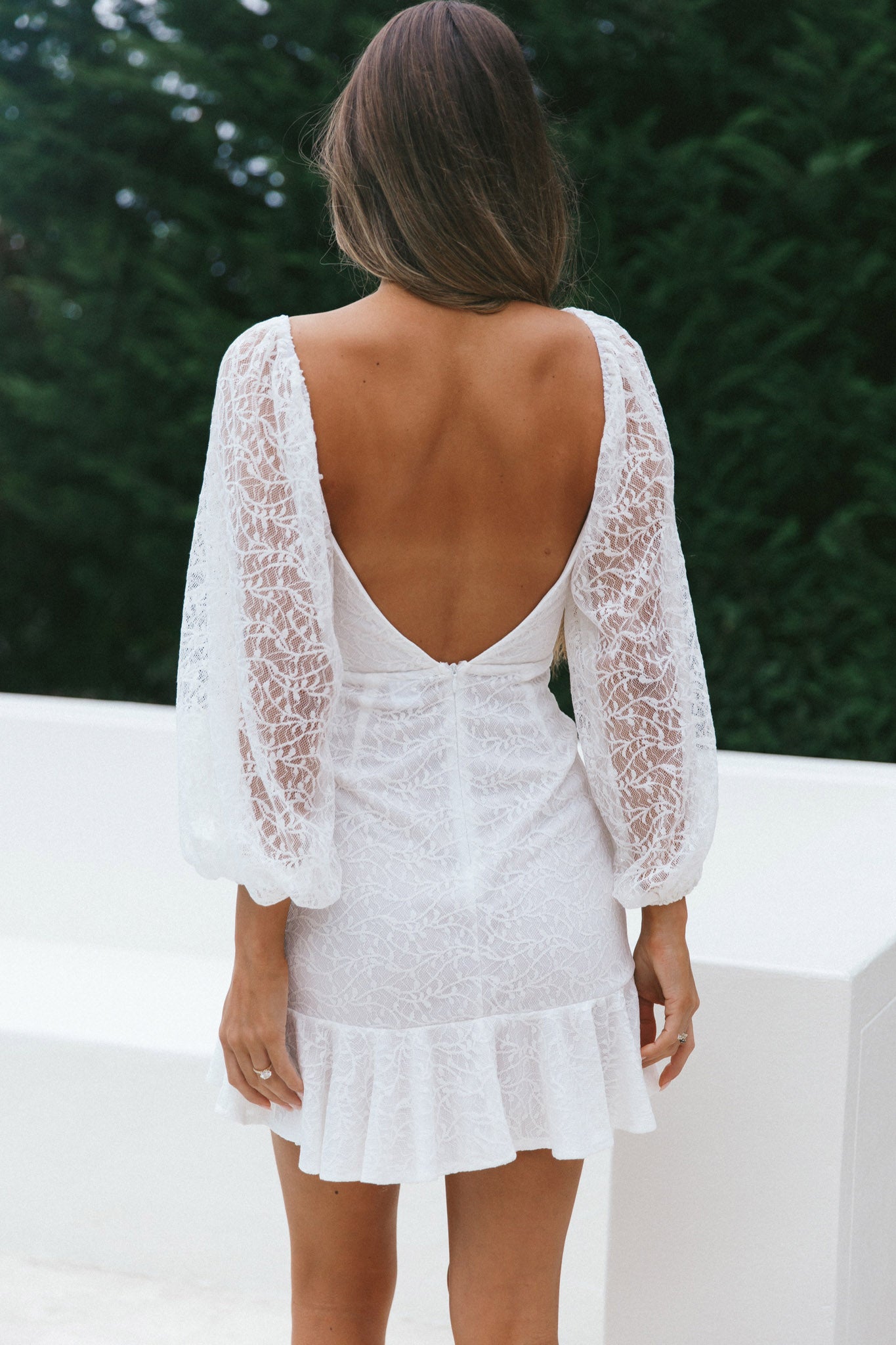 Halley Balloon Sleeve Frill Bust Flounce Hem Lace Dress White-Maymioy