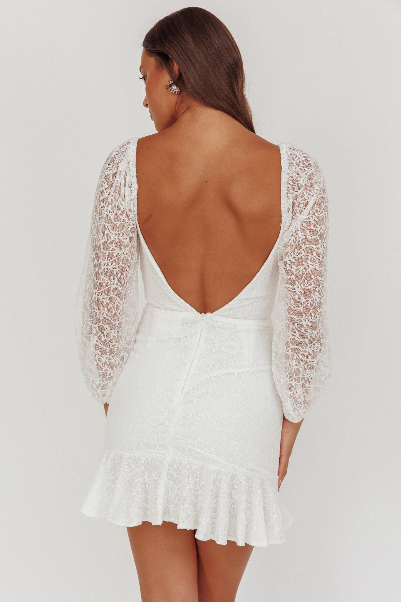 Halley Balloon Sleeve Frill Bust Flounce Hem Lace Dress White-Maymioy