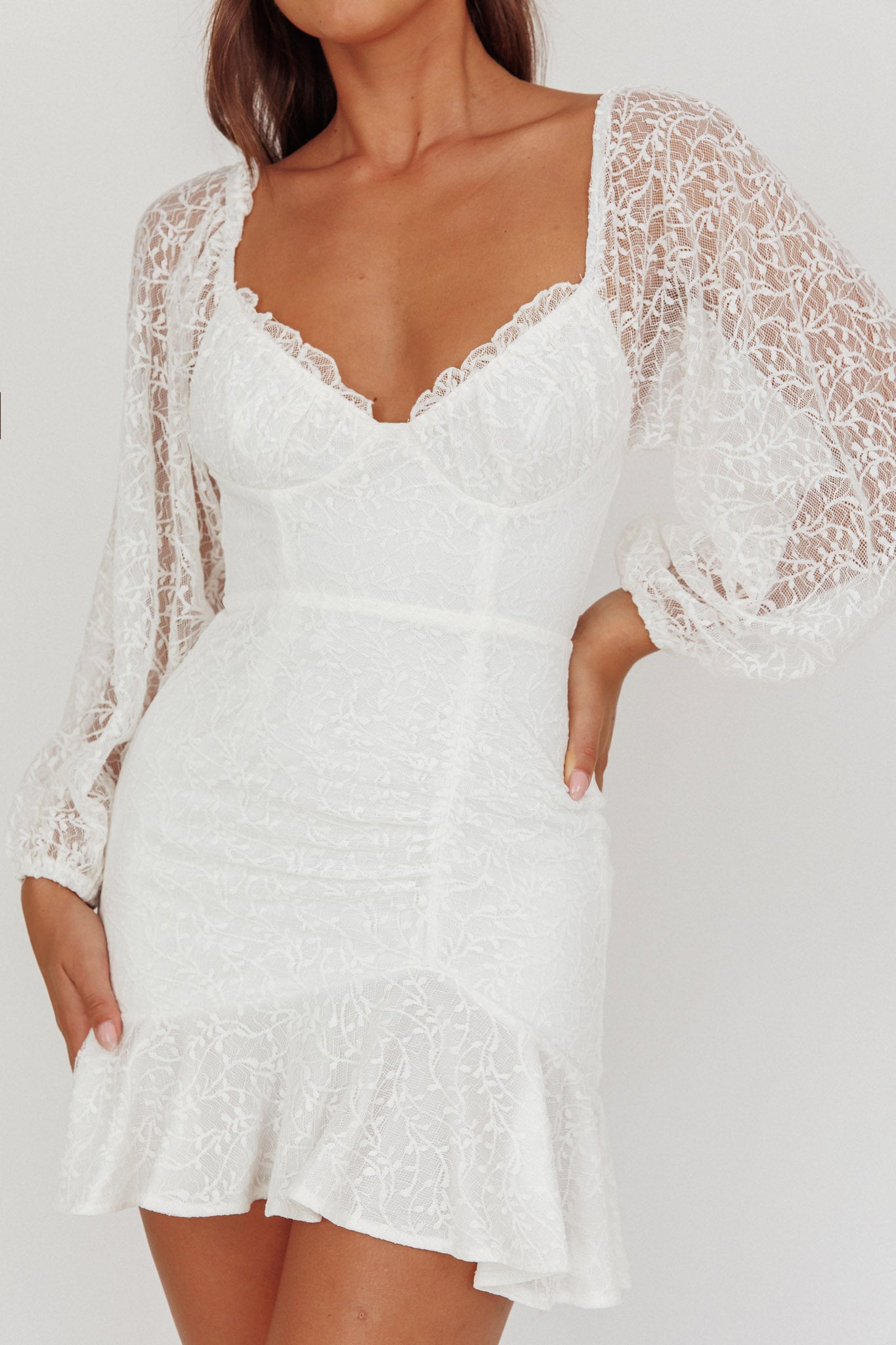 Halley Balloon Sleeve Frill Bust Flounce Hem Lace Dress White-Maymioy