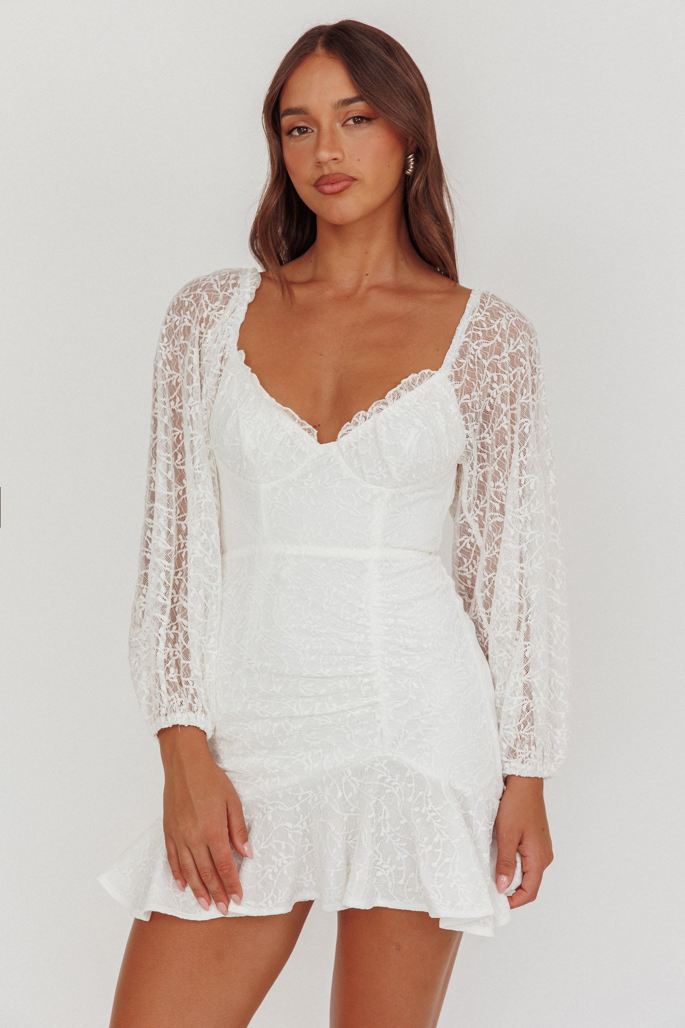 Halley Balloon Sleeve Frill Bust Flounce Hem Lace Dress White-Maymioy