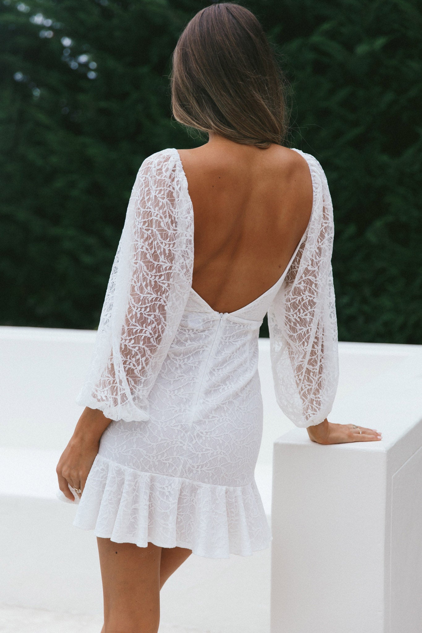 Halley Balloon Sleeve Frill Bust Flounce Hem Lace Dress White-Maymioy