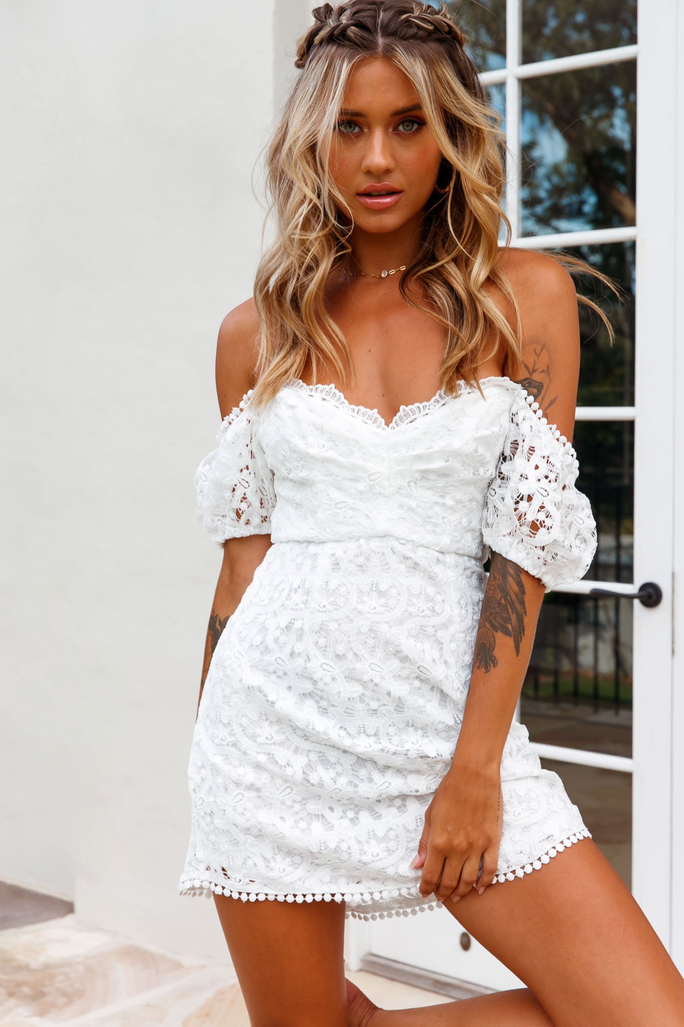 Costa Mesa Puff Sleeve Lace Overlay Dress White-Maymioy