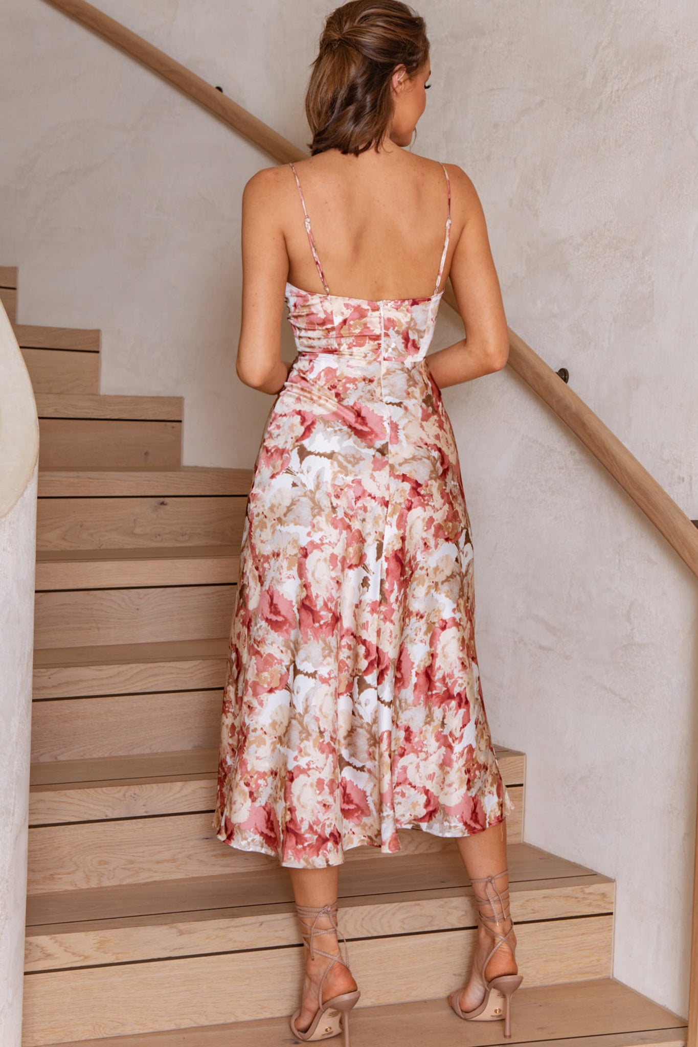 Lake Como Fitted Bodice Cami Strap Midi Dress Abstract Print Rose-Maymioy