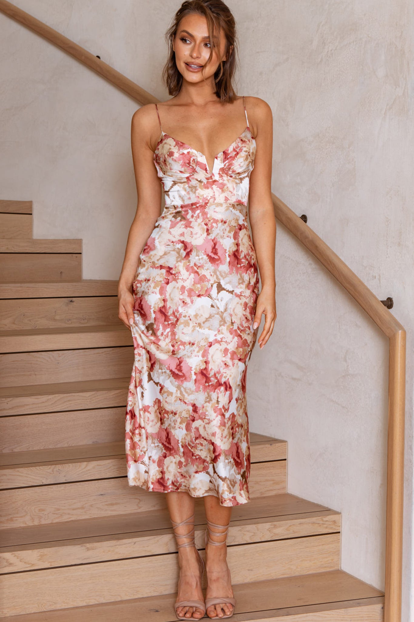 Lake Como Fitted Bodice Cami Strap Midi Dress Abstract Print Rose-Maymioy