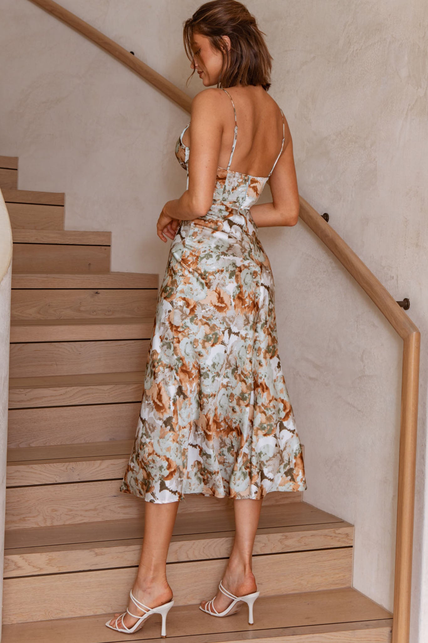 Lake Como Fitted Bodice Cami Strap Midi Dress Abstract Print Sage-Maymioy